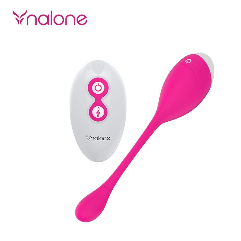 Rosa Vibrator mit weißer Basis und Fernbedienung. Die Fernbedienung ist weiß mit rosa Knöpfen. Das Produkt hat das Logo Nalone.