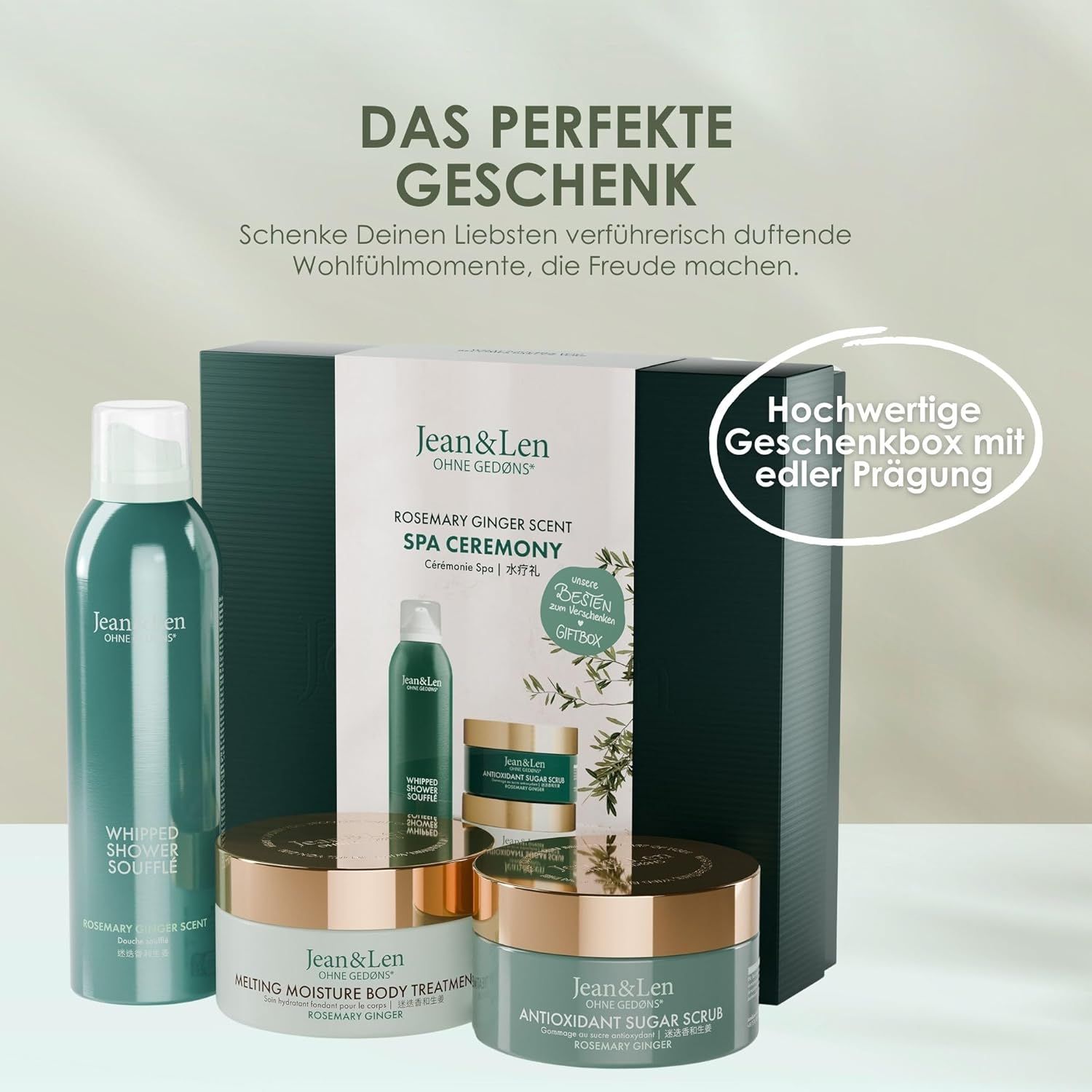 Geschenkbox mit Produkten von Jean & Len. Enthalten sind: Duschschaum, Körperpeeling, Körpercreme und weitere Produkte. Hochwertige Geschenkbox.