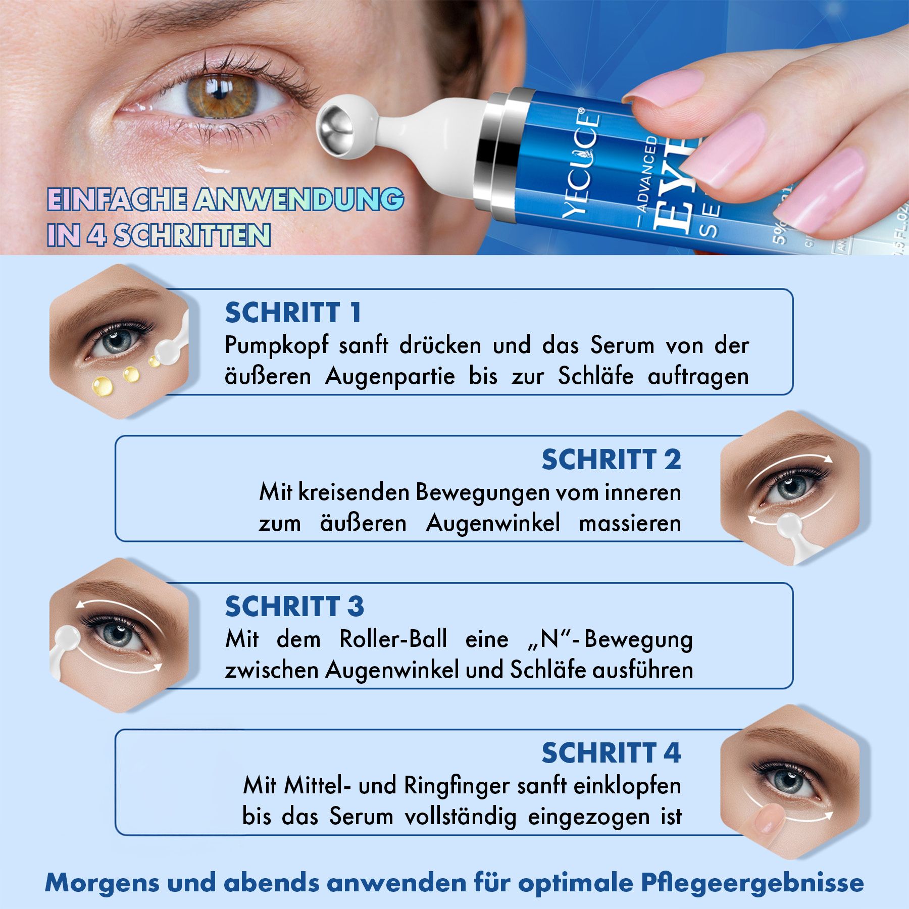 Anwendung eines Augen Serums in 4 Schritten mit Rollerball-Applikator.