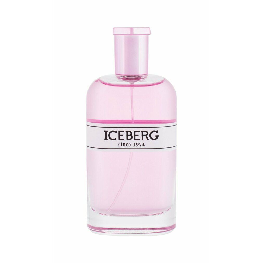 Rosa Parfümflasche mit weißem Etikett. Aufschrift ICEBERG since 1974. Rosa Verschluss.