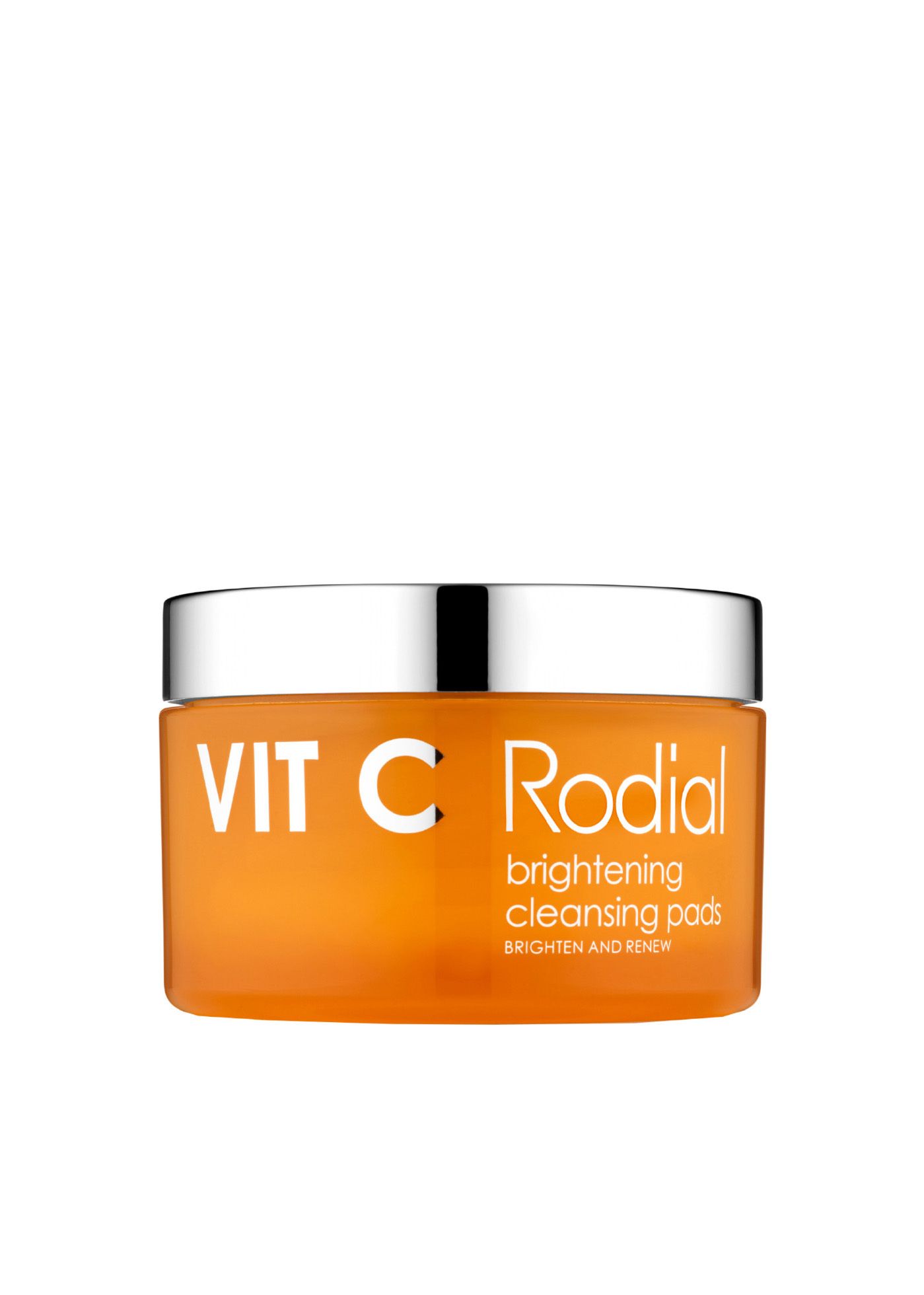 Behälter mit silbernem Deckel und orangefarbenem Körper. Aufschrift: VIT C Rodial, brightening cleansing pads. BRIGHTEN AND RENEW.