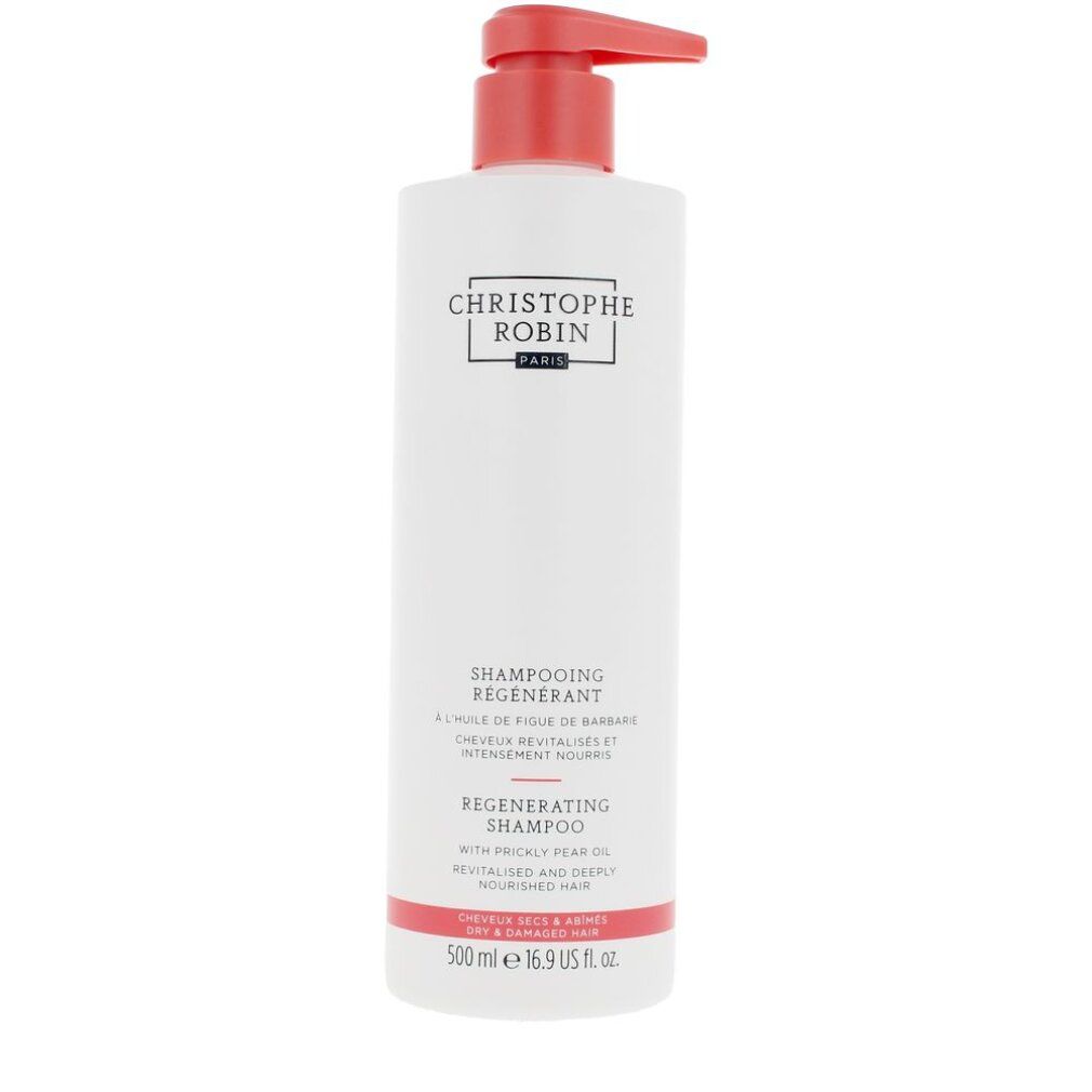 Weißes Shampoo mit rotem Pumpkopf. Text: Christophe Robin Paris, Regenerierendes Shampoo, 500 ml.