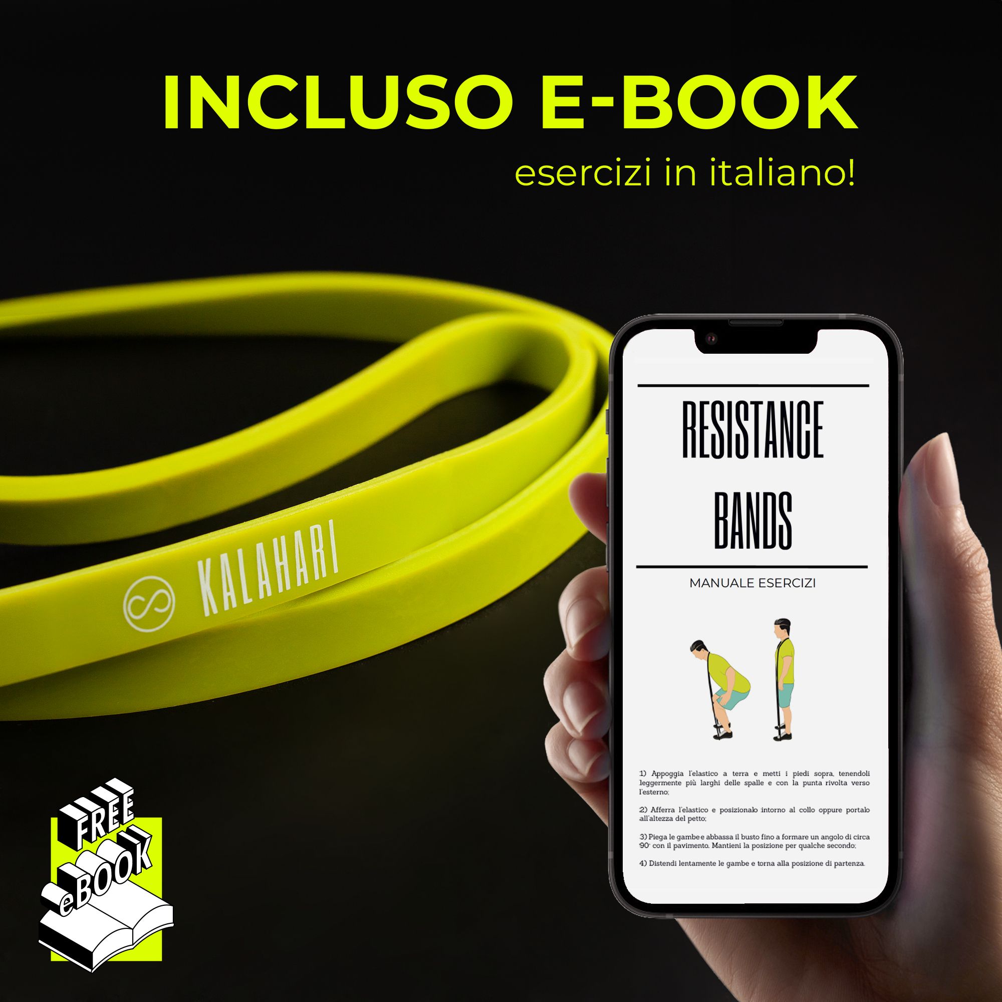 Grünes KALAHARI Widerstandsband neben einem Smartphone, das ein E-Book mit Übungen zeigt. 'Incluso E-Book'.