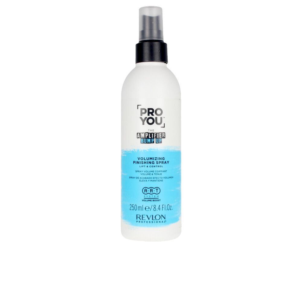 Haarspray-Flasche. Weiß, mit blauem Etikett. Text: PRO YOU, THE AMPLIFIER BUMP UP, VOLUMIZING FINISHING SPRAY, 250ml/8.4 Fl.Oz, REVLON PROFESSIONAL.