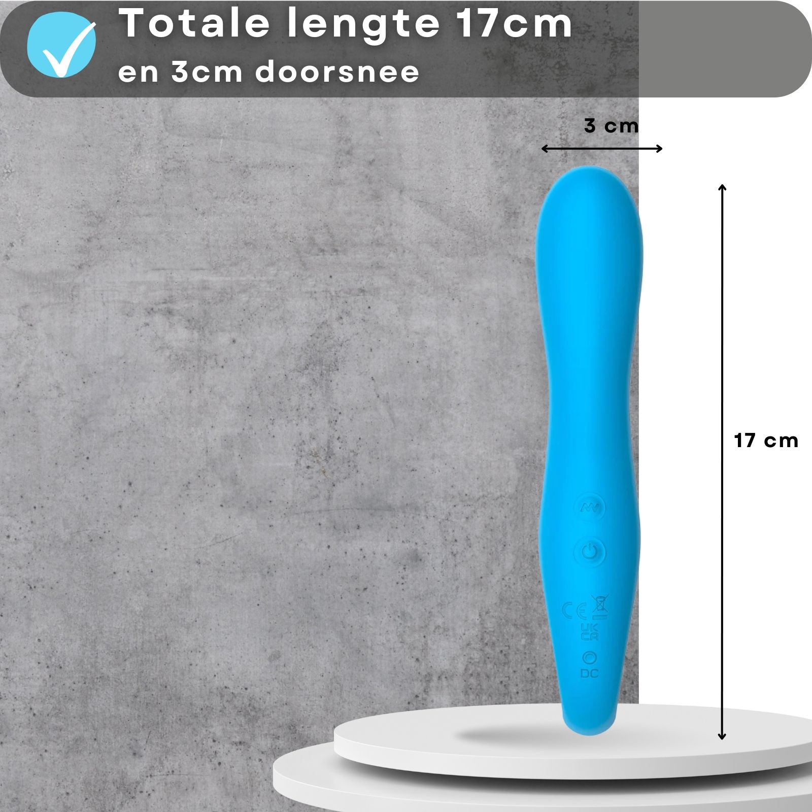 Blauwe vibrator. 17cm lang, 3cm doorsnee.