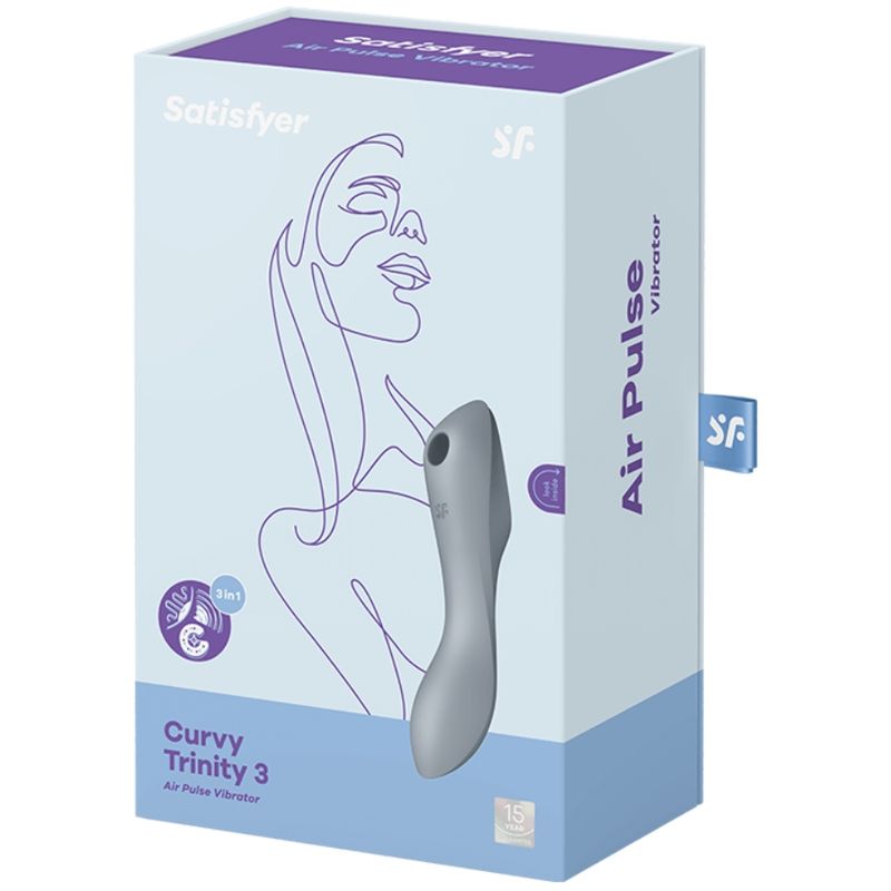 Verpackung von Satisfyer Curvy Trinity 3. Produktabbildung und Schriftzug Air Pulse. SF-Logo. 3-in-1-Funktion.