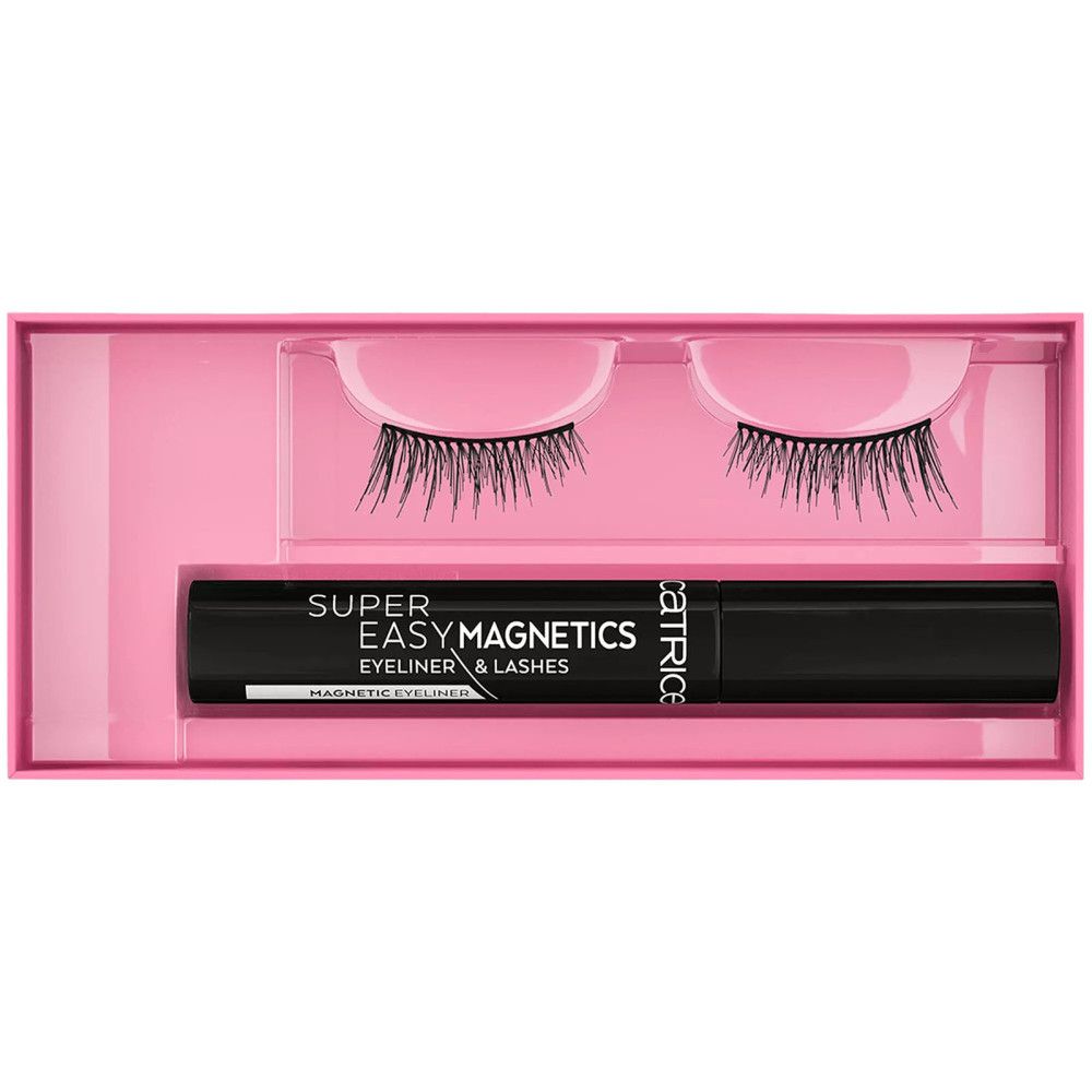 Rosa Verpackung mit falsche Wimpern und magnetischem Eyeliner. Schwarze Wimpern, schwarzer Eyeliner. Marke: Catrice.