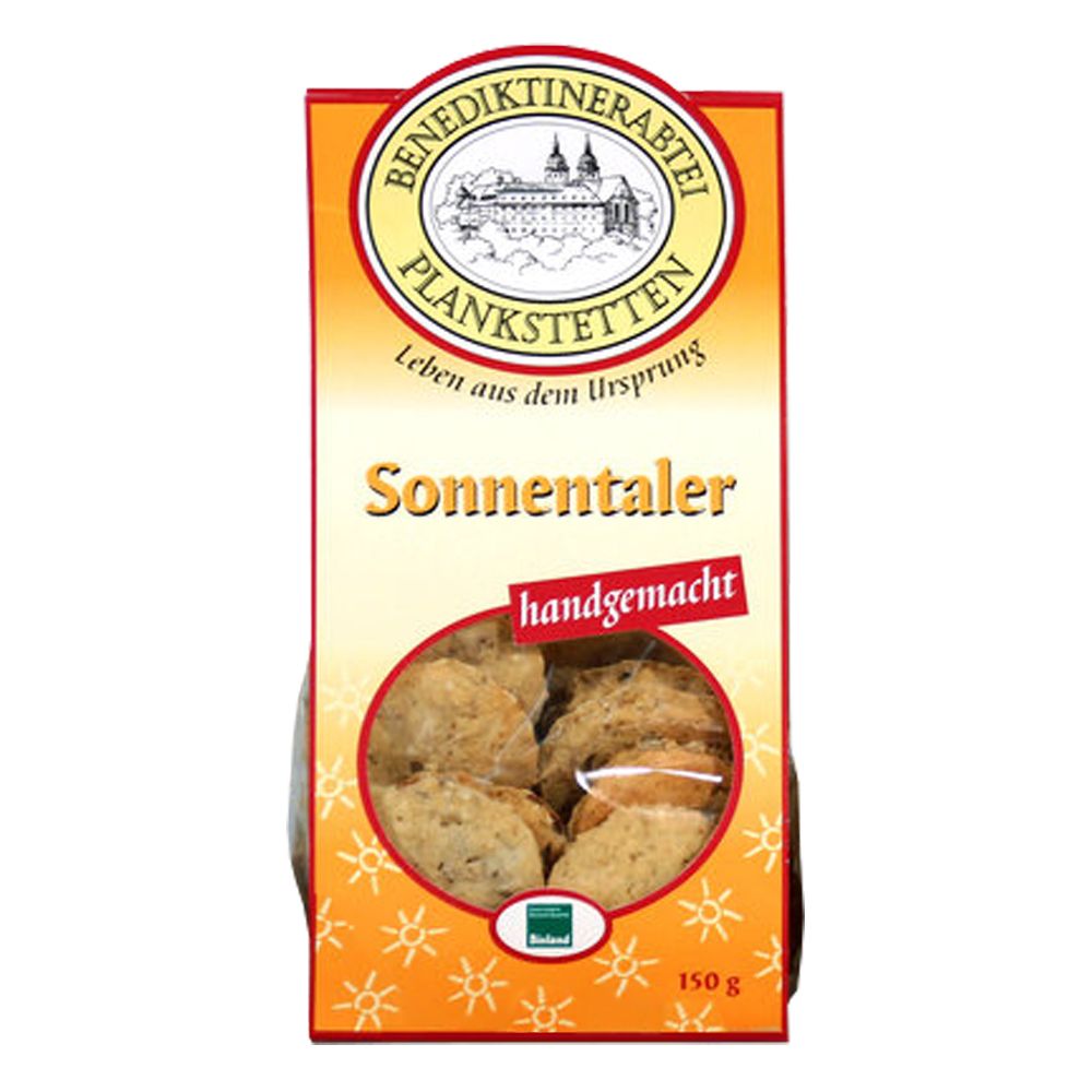 Gebäckpackung mit Sonnentaler-Keksen. Sichtfenster, handgemacht, Bio-Siegel. Aufschrift: Benediktinerabtei Plankstetten.