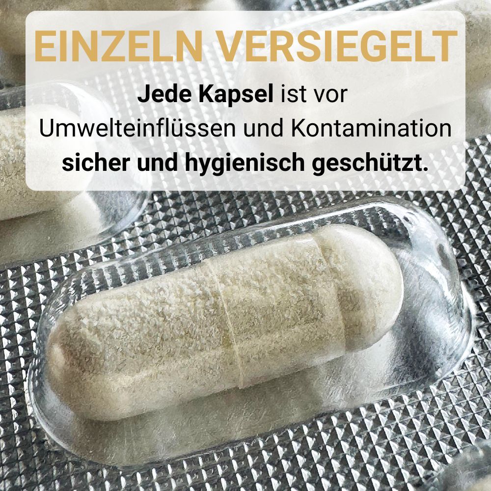 Einzeln versiegelte Kapsel. Schützt vor Umwelteinflüssen und Kontamination. Hygienisch geschützt.