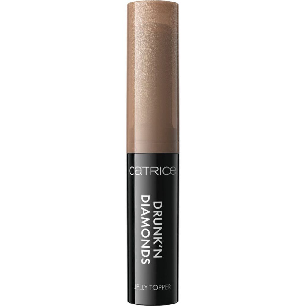 Catrice Drunk'n Diamonds Jelly Lidschatten-Topper. Schwarze Hülse, goldfarbener Topper. Produktname und Marke sichtbar.