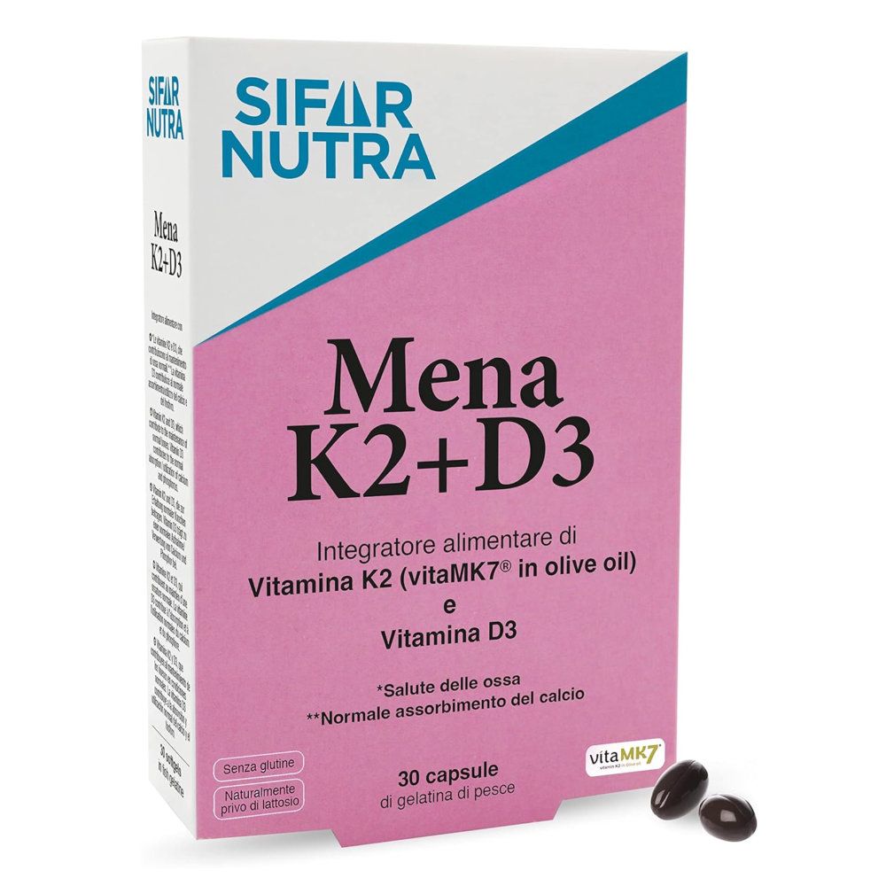 Verpackung von Sifar Nutra Mena K2+D3. Rosa-weiße Schachtel mit Produktnamen und Kapseln.