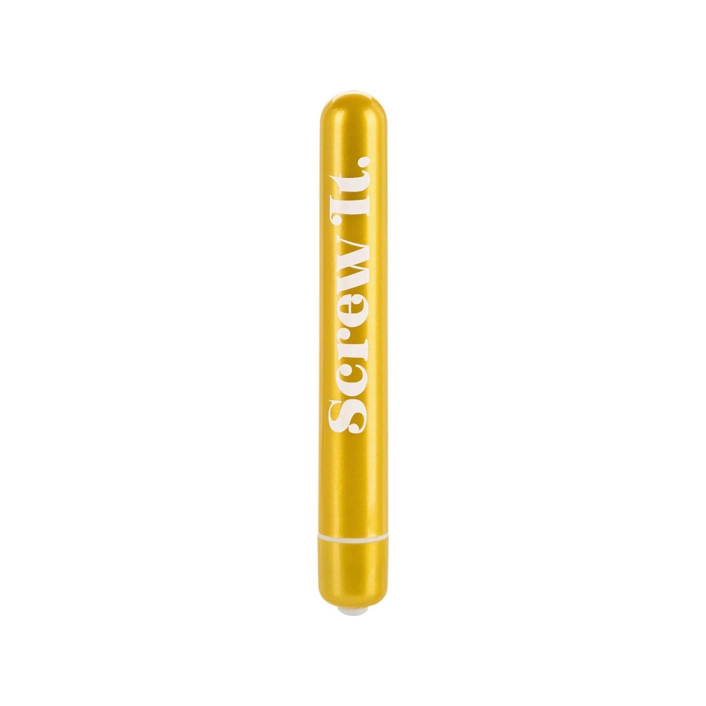 Gelber Vibrator. Aufschrift "Screw It". Zylindrische Form.