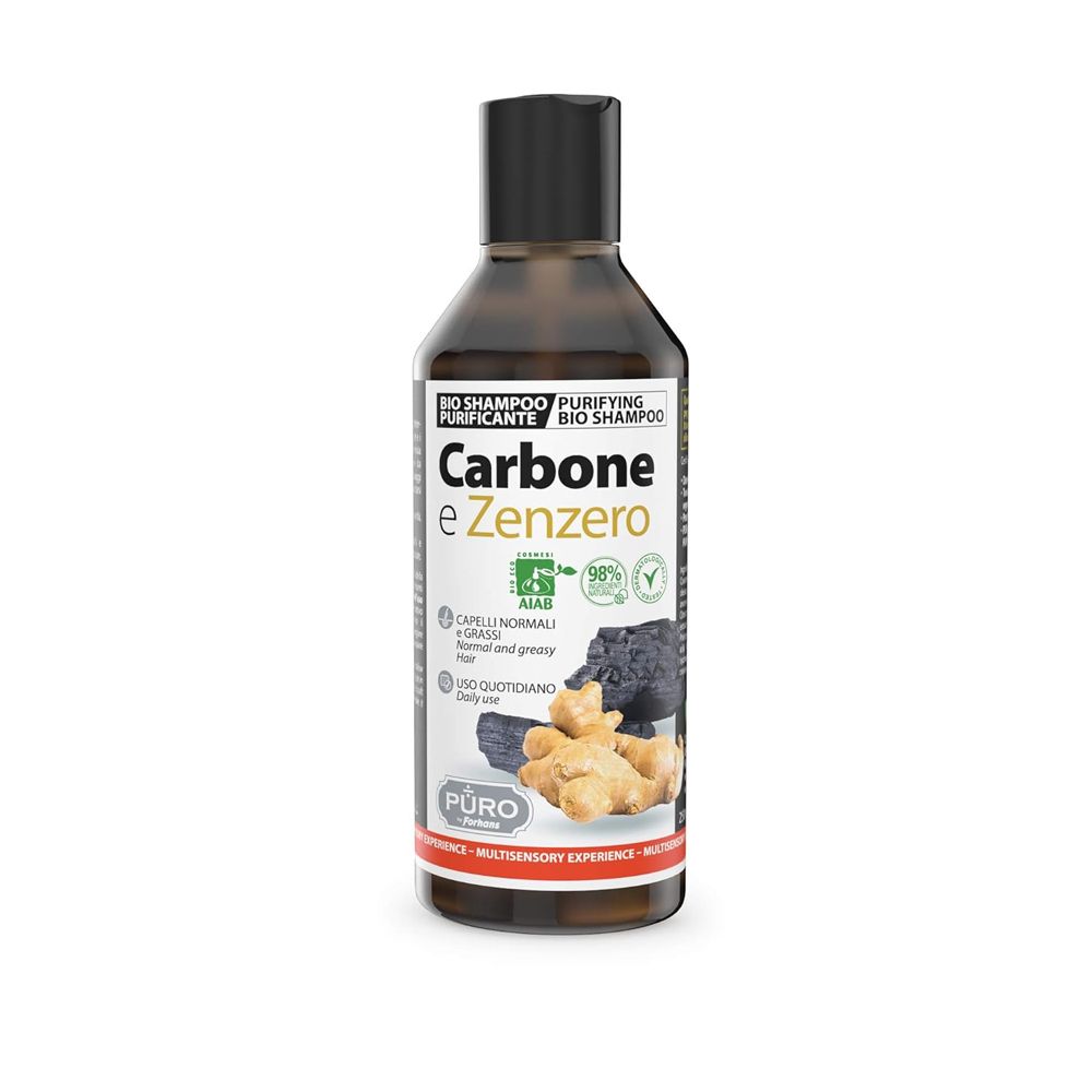 Braune Flasche mit schwarzem Deckel. Aufschrift: Carbone e Zenzero. Abbildung von Ingwer und Kohle. Label mit Zertifizierungen.