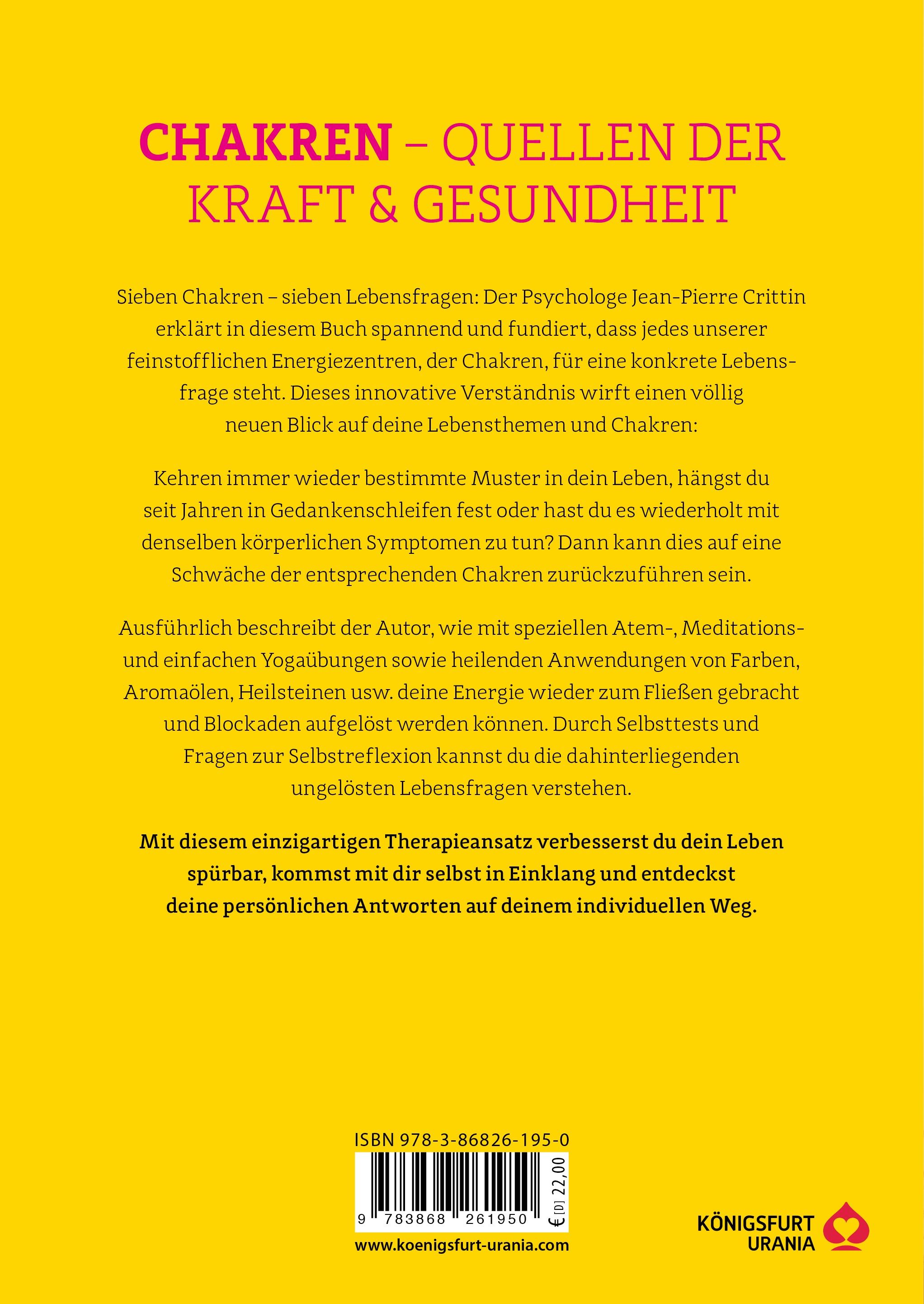 Buchrücken: Titel "Chakren - Quellen der Kraft & Gesundheit". Text auf gelbem Hintergrund. ISBN-Code und Verlagslogo.