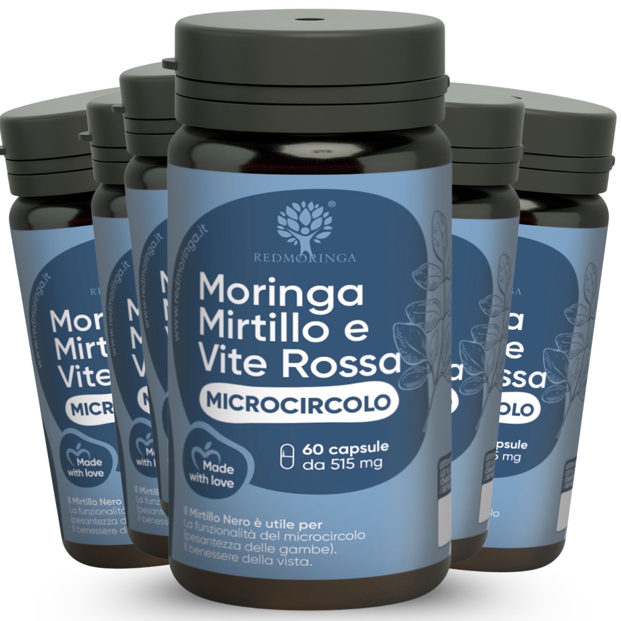 Mehrere Flaschen mit blauen Etiketten. Aufschrift: RedMoringa, Moringa Mirtillo e Vite Rossa, Microcircolo. 60 Kapseln.