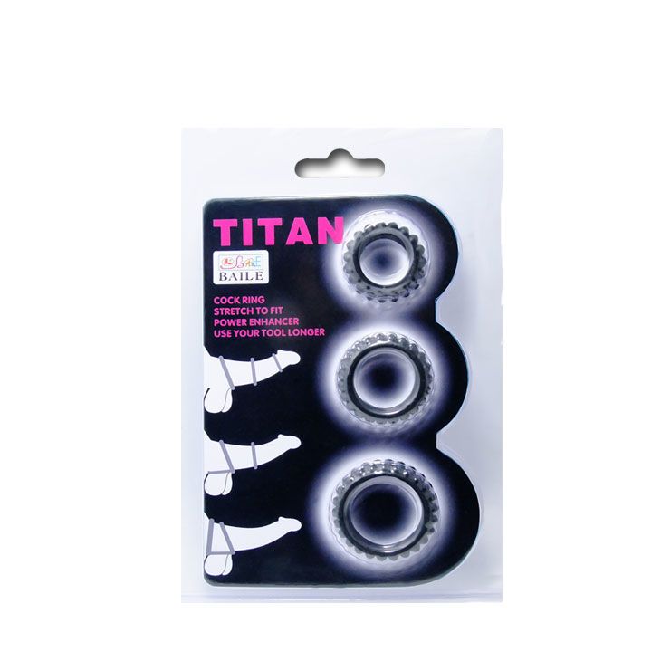 Verpackung mit drei Cockringen. Marke: Baile Titan. Text: Cock Ring, Stretch to fit.