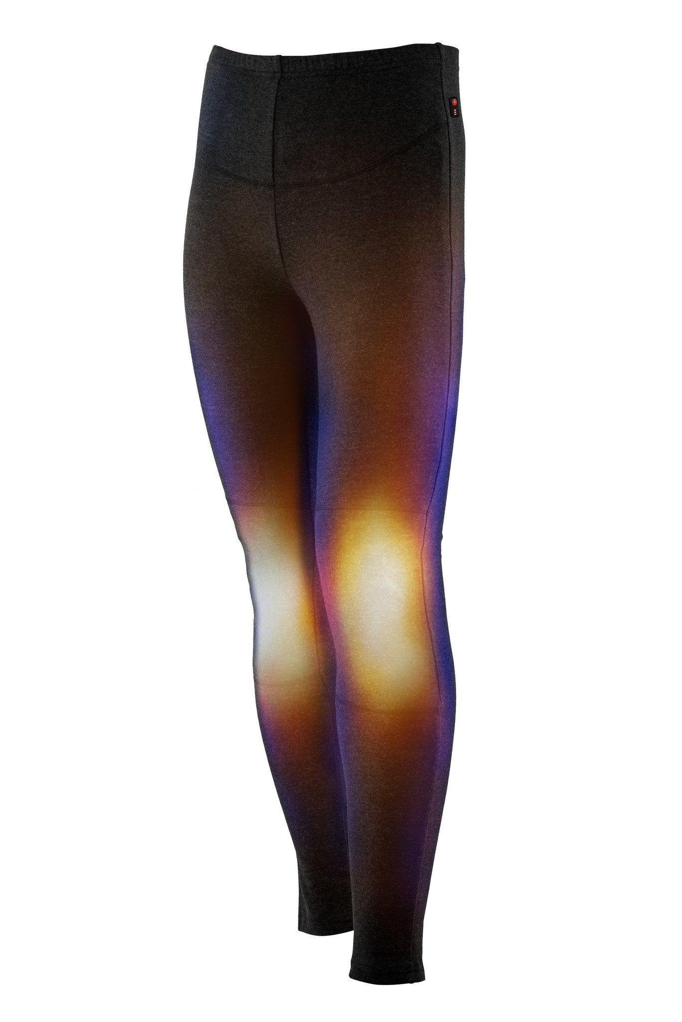 Dunkelgraue Thermo-Hose. Heizbereich an den Knien sichtbar. Schwarzer Stoff.