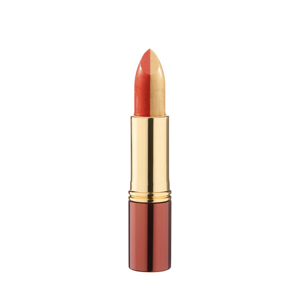 Lippenstift mit goldfarbenem Gehäuse. Die Spitze ist zweifarbig: gelb und orange. Der untere Teil des Gehäuses ist braun.