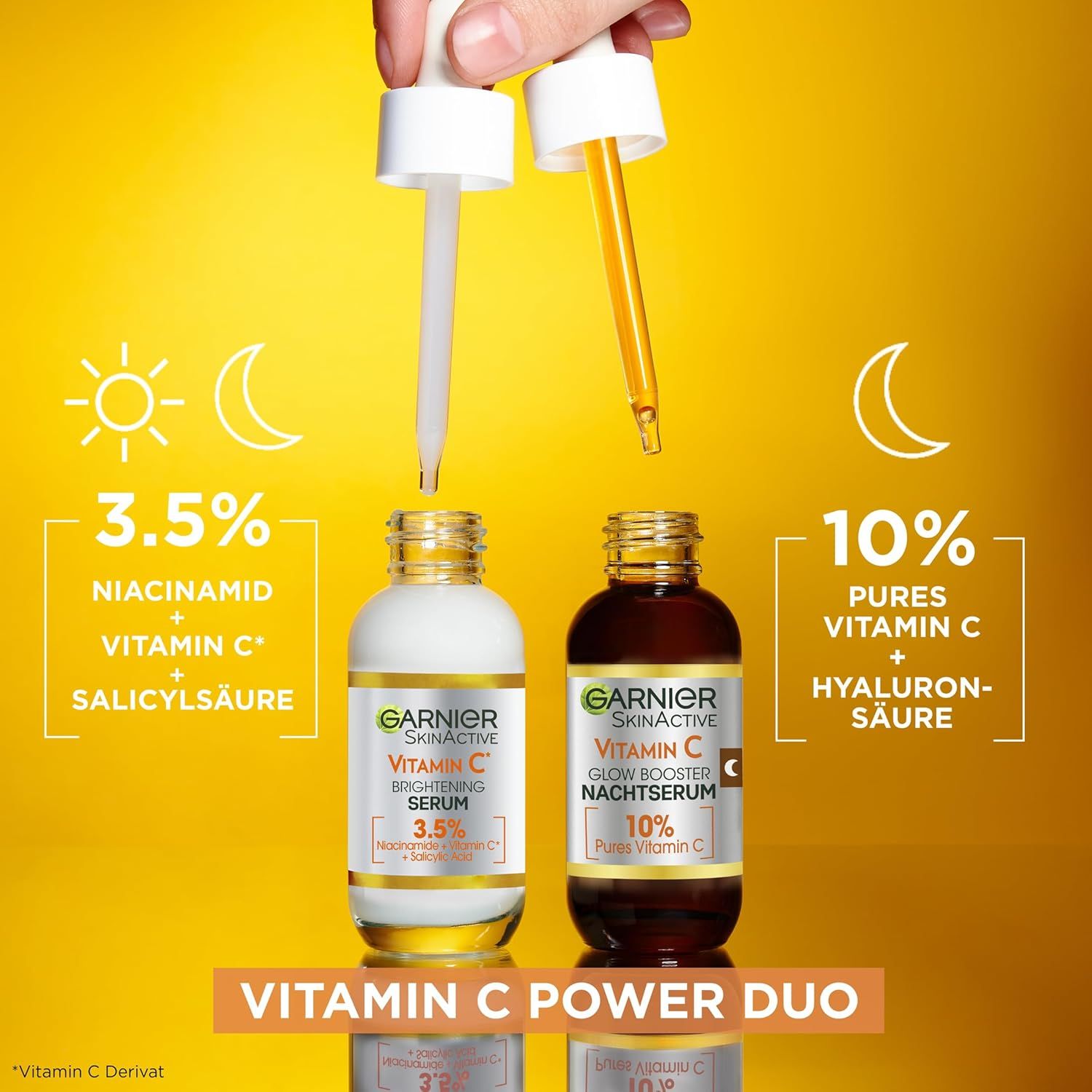 Zwei Serumflaschen mit Applikatoren. Text: 3.5% Niacinamid, Vitamin C, Salicylsäure. 10% Pures Vitamin C, Hyaluronsäure. Vitamin C Power Duo.