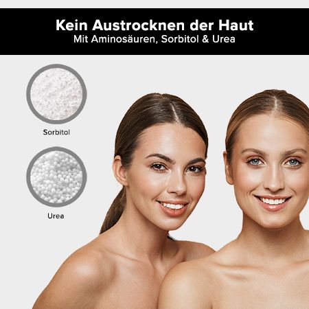Frauen mit schöner Haut, daneben eine Lupe mit unreiner Haut und ein durchgestrichenes Pickel-Symbol.