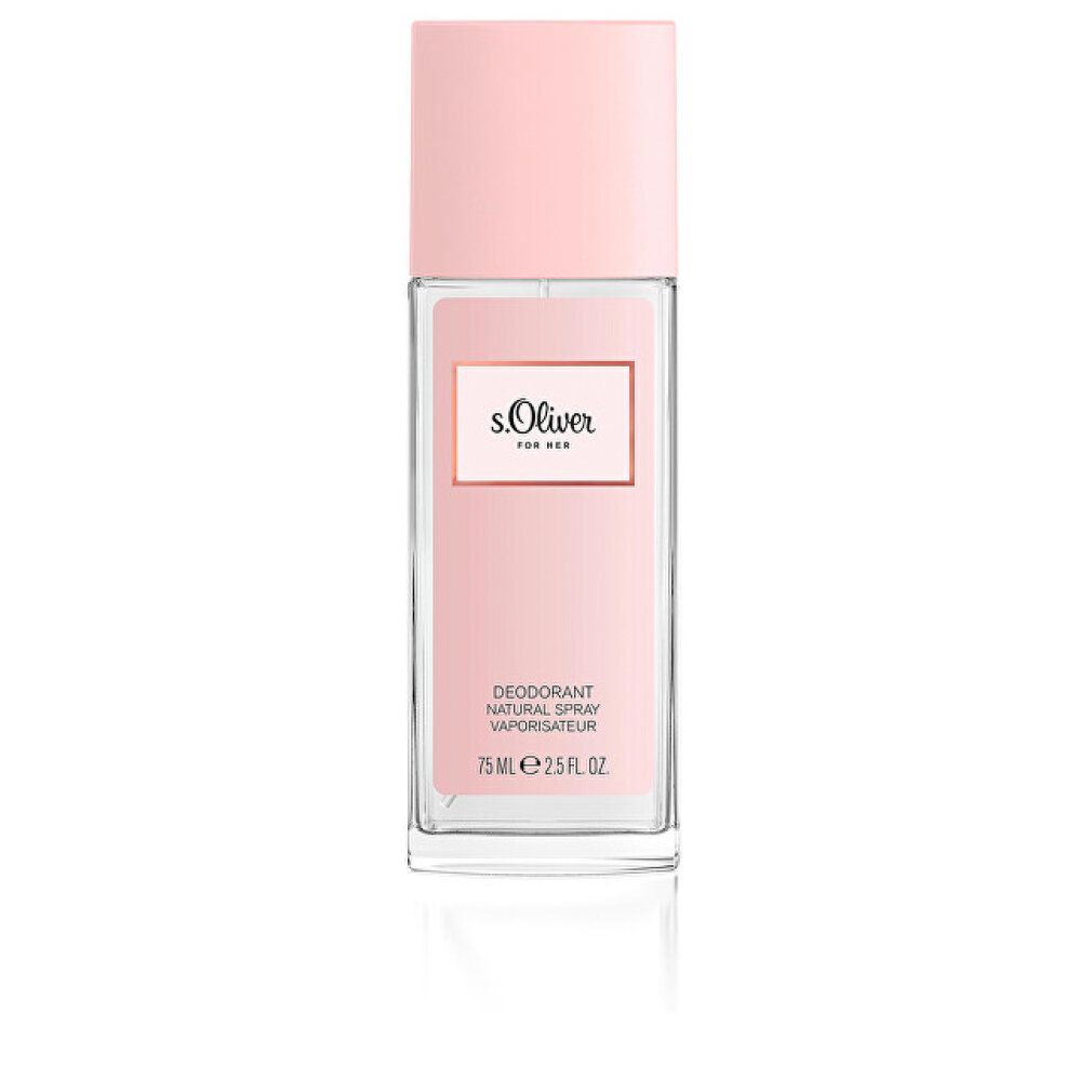 Rosa Deodorant-Sprayflasche, rechteckig, rosa Deckel. Aufschrift: s.Oliver For Her, Deodorant Natural Spray. 75 ml.