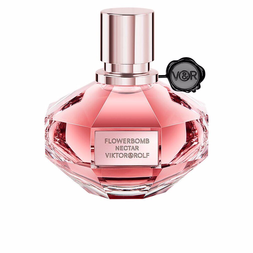 Rosafarbener Flakon mit rosafarbenem Inhalt. Aufschrift: Flowerbomb Nectar Viktor & Rolf. Schwarzes Siegel mit V&R-Logo.