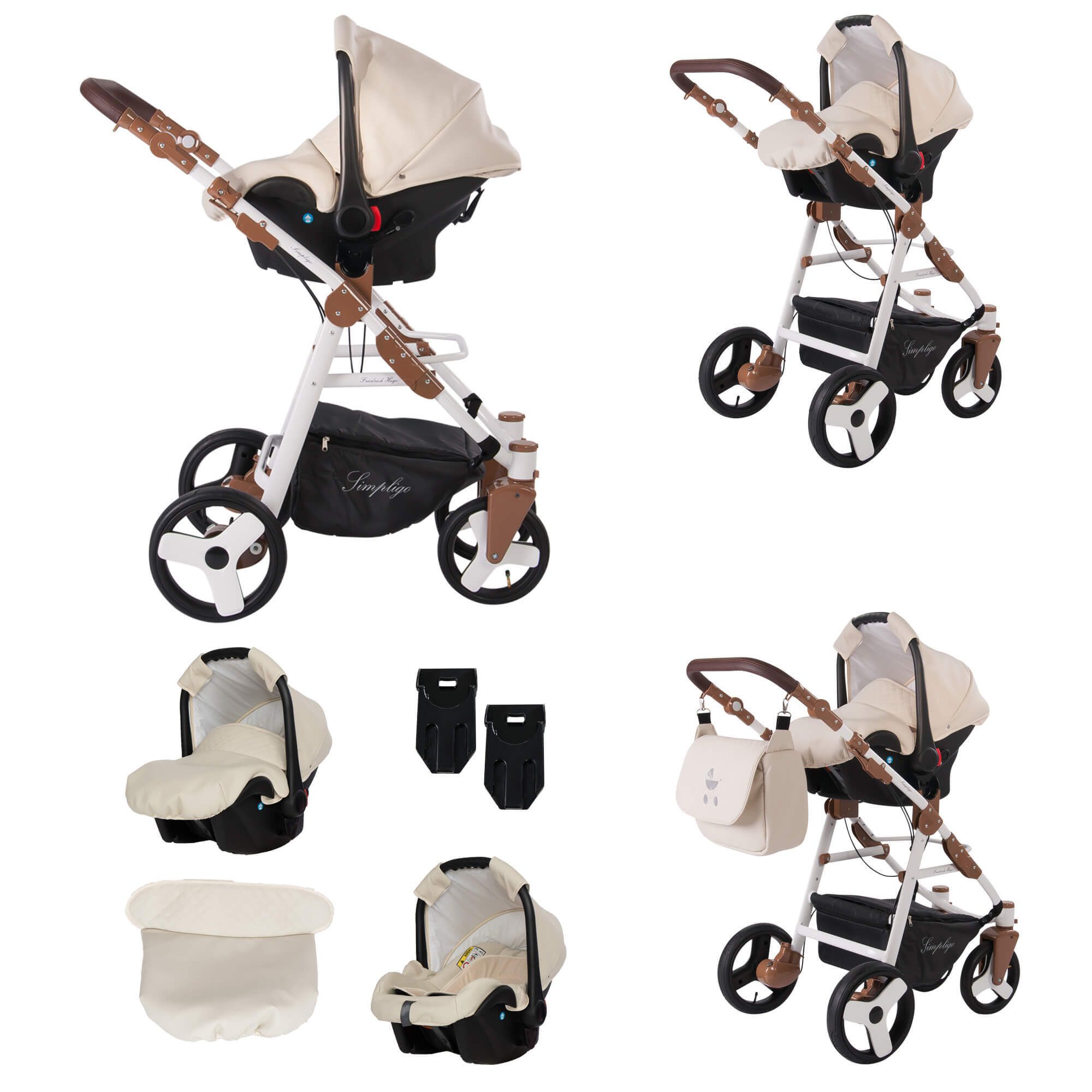 Kinderwagen mit Maxi Cosi, Sandfarbenes Kunstleder, braune Akzente. Enthält Babyschale, Fußsack, Wickeltasche. Marke Simpligo.