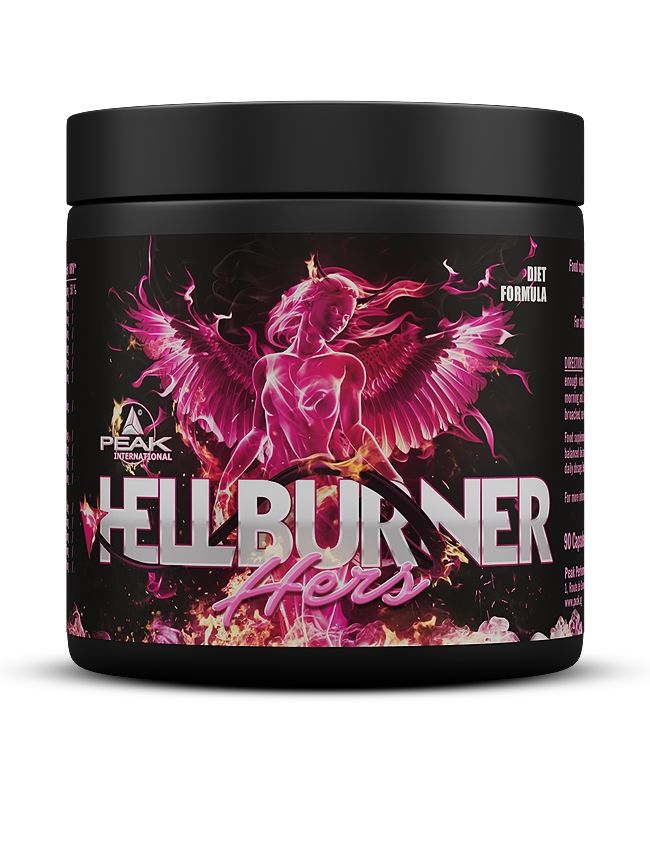 Schwarze Dose PEAK Hellburner Hers. Etikett mit pinkem Engel-Motiv und Schriftzug. "DIET FORMULA" und "90 Kapseln" sichtbar.
