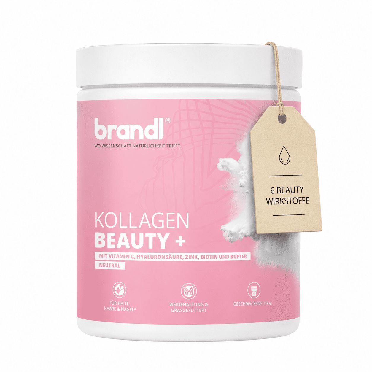 Rosa Dose mit weißem Deckel und Anhänger. Text: Kollagen Beauty+. 6 Beauty Wirkstoffe. Neutrale Geschmacksrichtung.