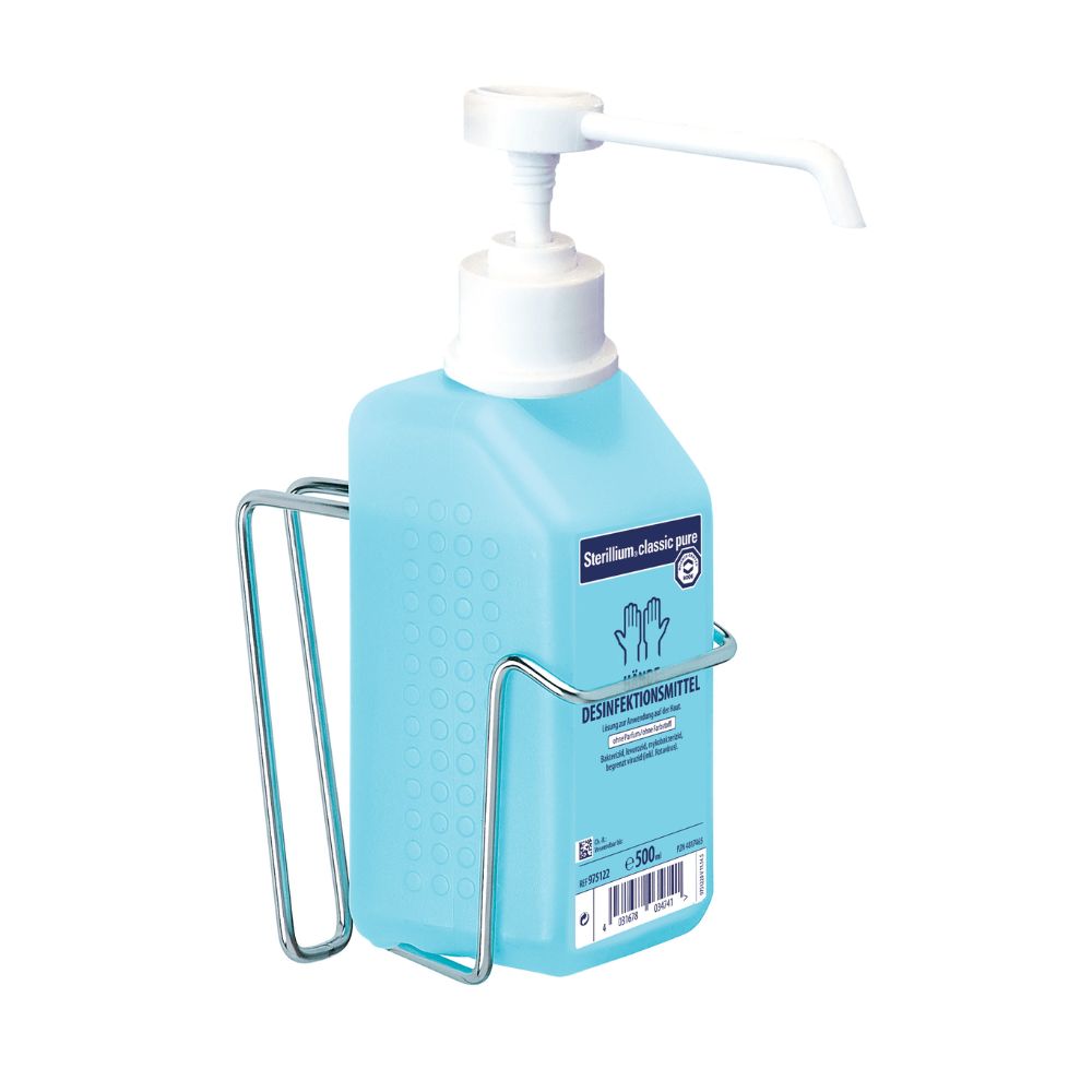 Blauer Desinfektionsmittelspender mit weißem Pumpkopf und gebogenem Metallhalter.