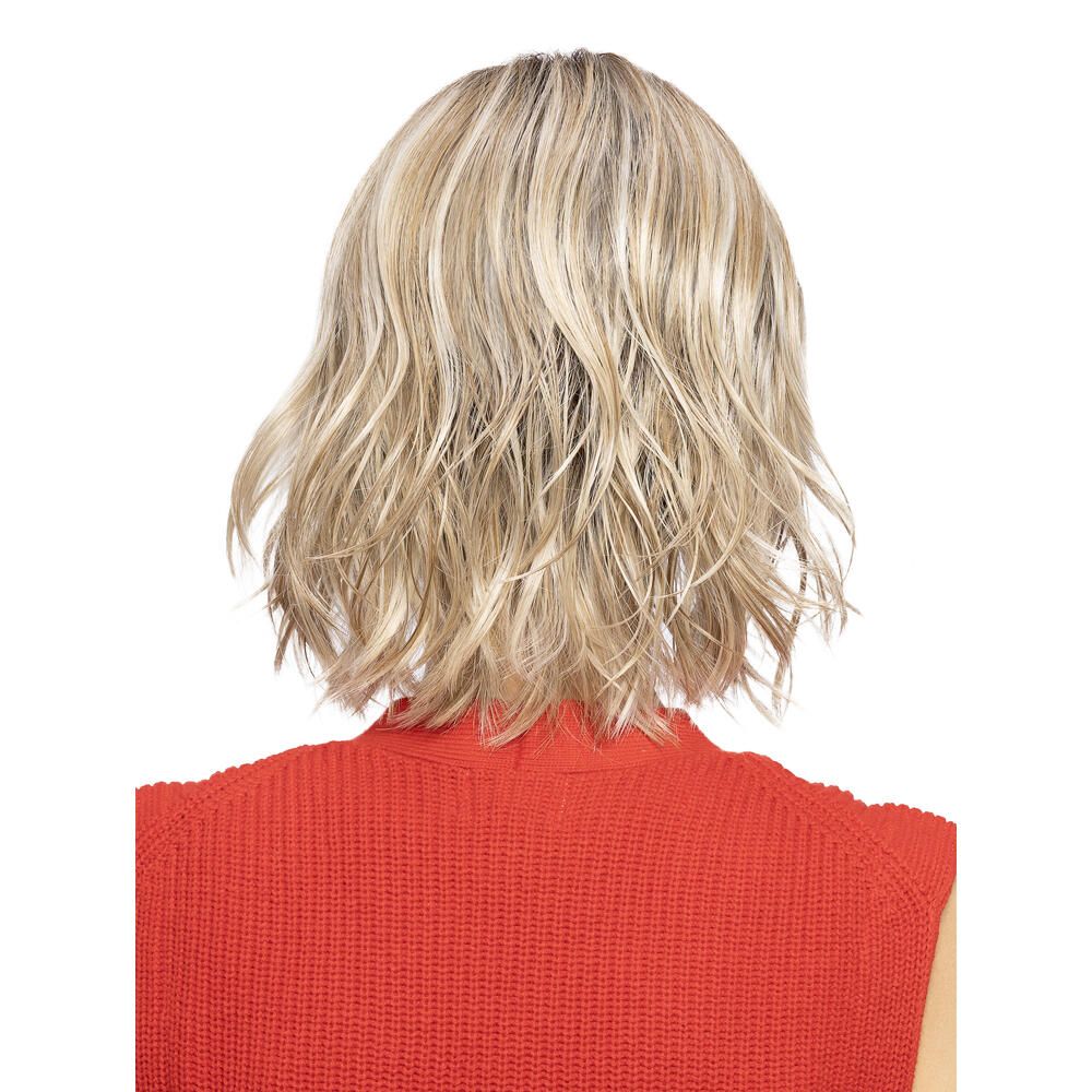 Blond gewellte Perücke. Rückansicht.