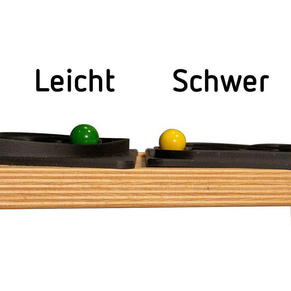 Zwei schwarze Labyrinthe mit Kugeln. Links: grüne Kugel, Beschriftung: Leicht. Rechts: gelbe Kugel, Beschriftung: Schwer.