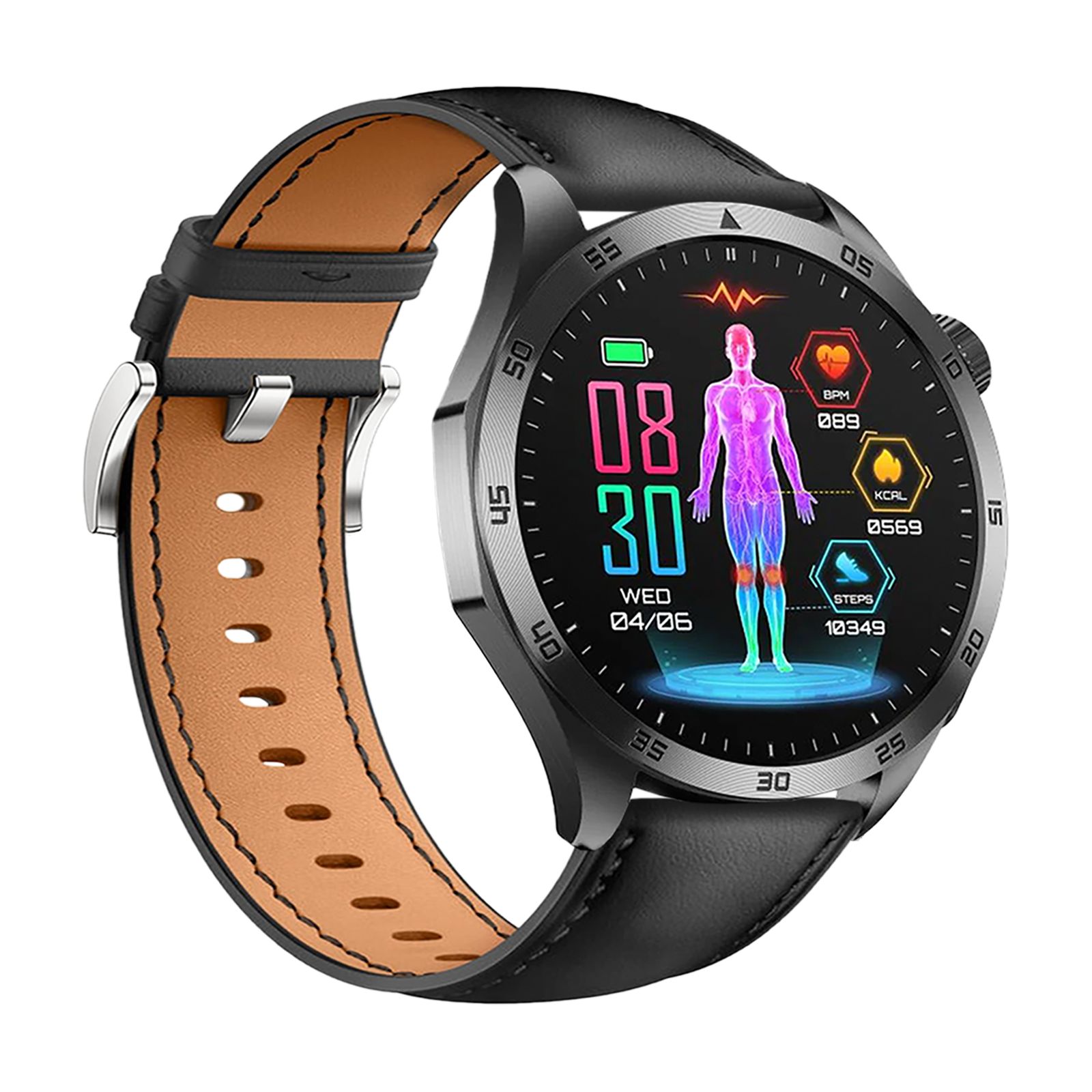Smartwatch mit schwarzem Lederarmband und braunem Innenfutter. Rundes Zifferblatt mit Gesundheitsdaten und menschlicher Figur. Schwarzes Gehäuse.