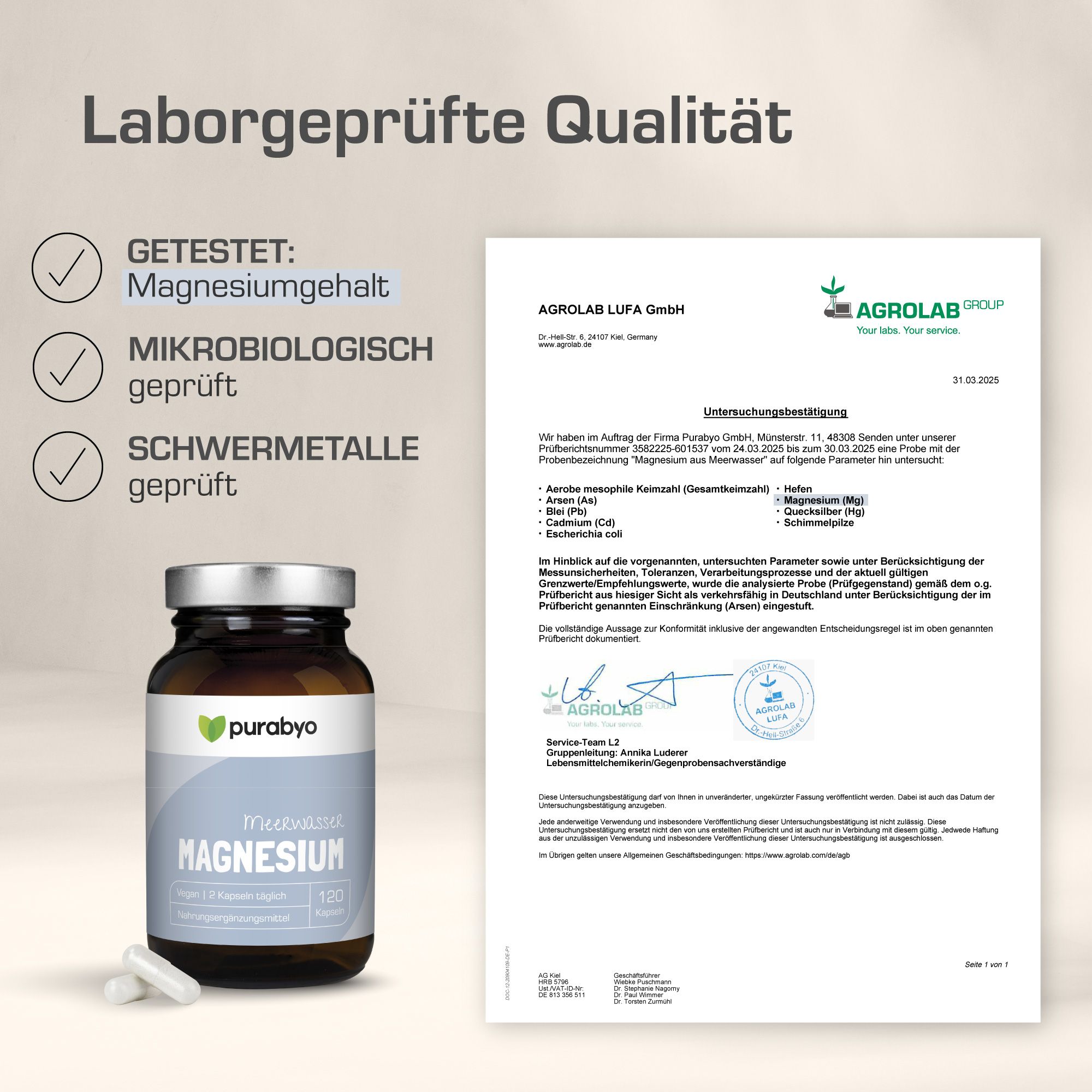 Laborgeprüfte Qualität. Zertifizierungen für Magnesiumgehalt, Mikrobiologie und Schwermetalle.