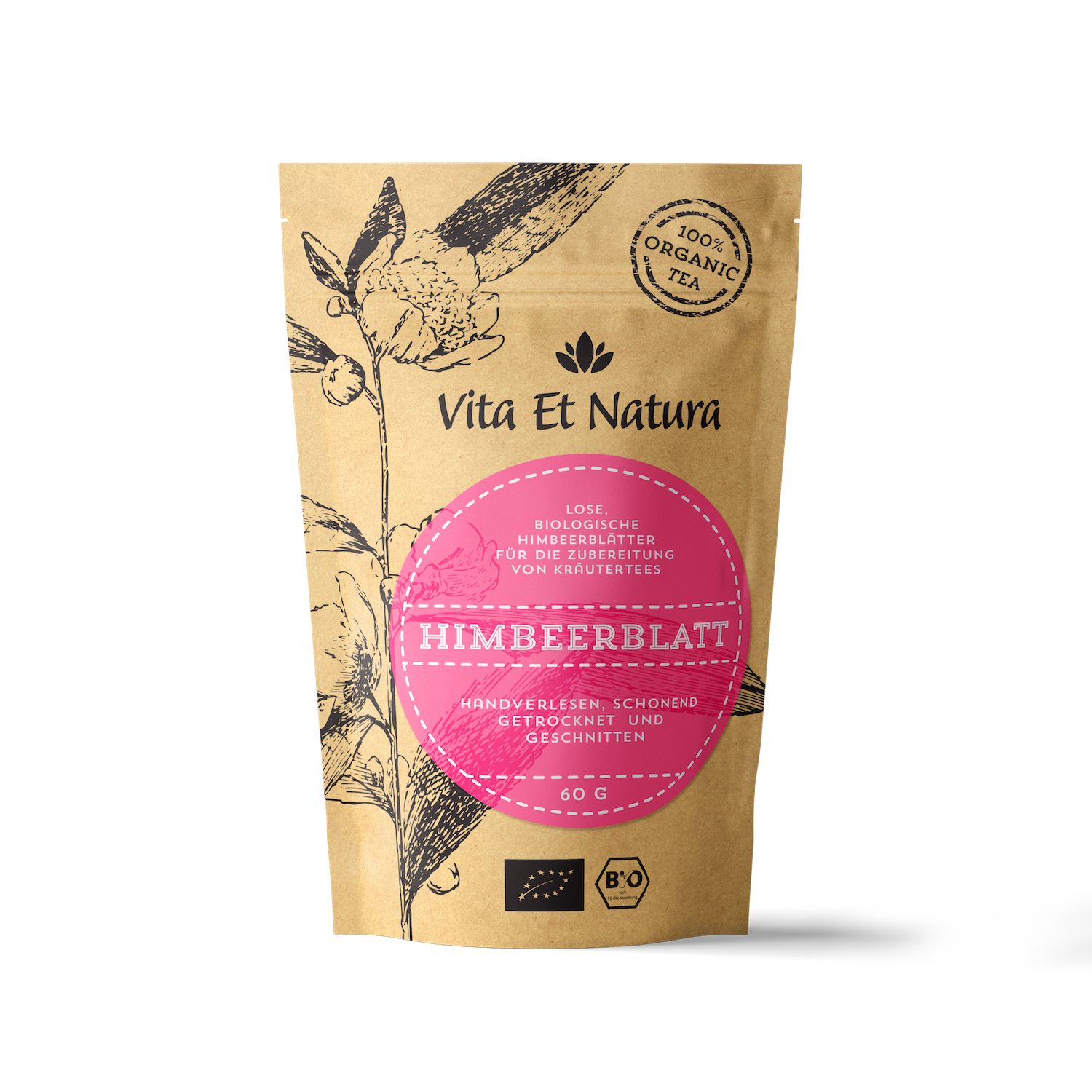 Braune Teepackung mit rotem Kreis und Text: Himbeerblatt, Bio-Siegel, 60g, 100% Organic Tea.