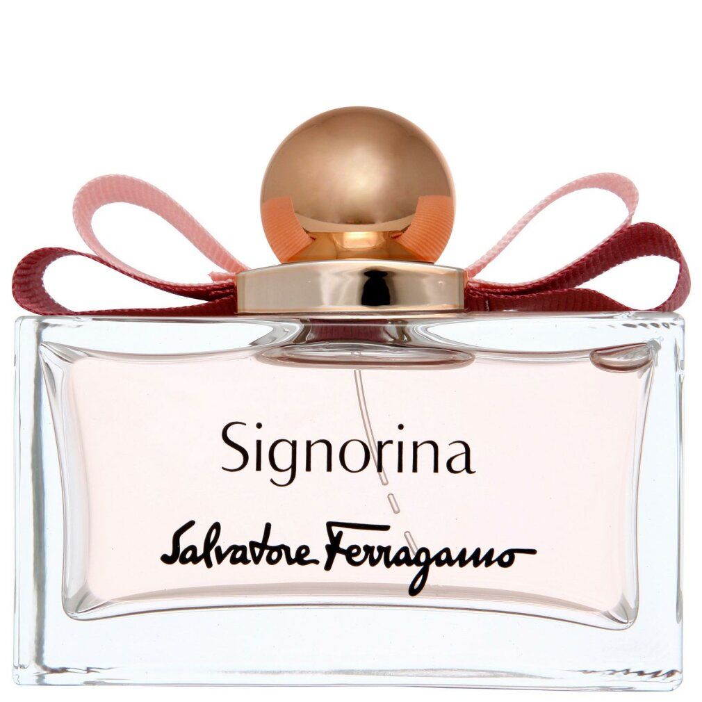 Signorina Eau de Parfum Spray. Rechteckiger Glasflakon mit rosa Flüssigkeit, rosa Schleife und goldfarbenem Verschluss. Salvatore Ferragamo.