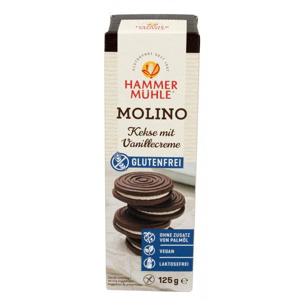 Verpackung mit Hammermühle Molino Kakaokeksen glutenfrei. Zeigt Kekse mit Vanillecreme. Glutenfrei, vegan, laktosefrei.