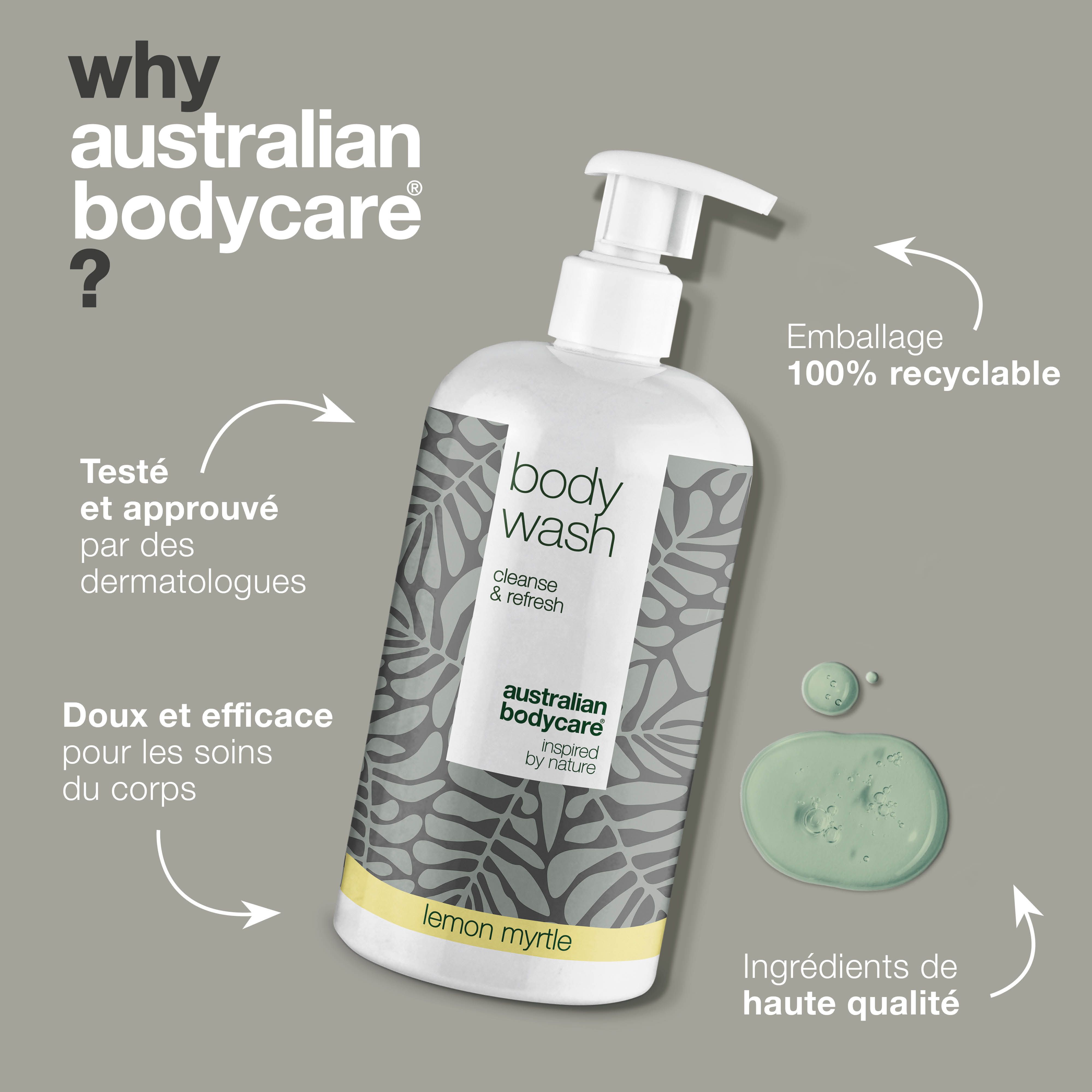 Flacon de gel douche. Texte : Pourquoi Australian Bodycare ? Testé par des dermatologues, doux et efficace pour le corps.