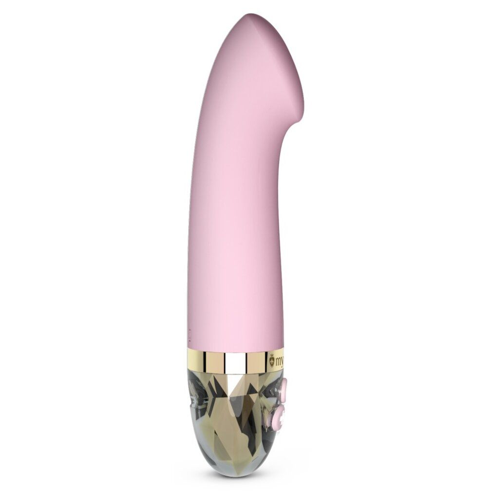 Rosa Vibrator mit goldfarbenem Akzent. Geometrisches Design am unteren Ende. Geschwungene Form.