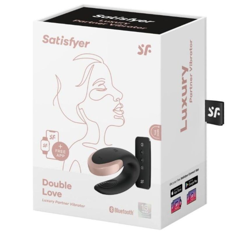 Verpackung von Satisfyer Double Love. Weißer Karton mit Produktabbildung und Logo.