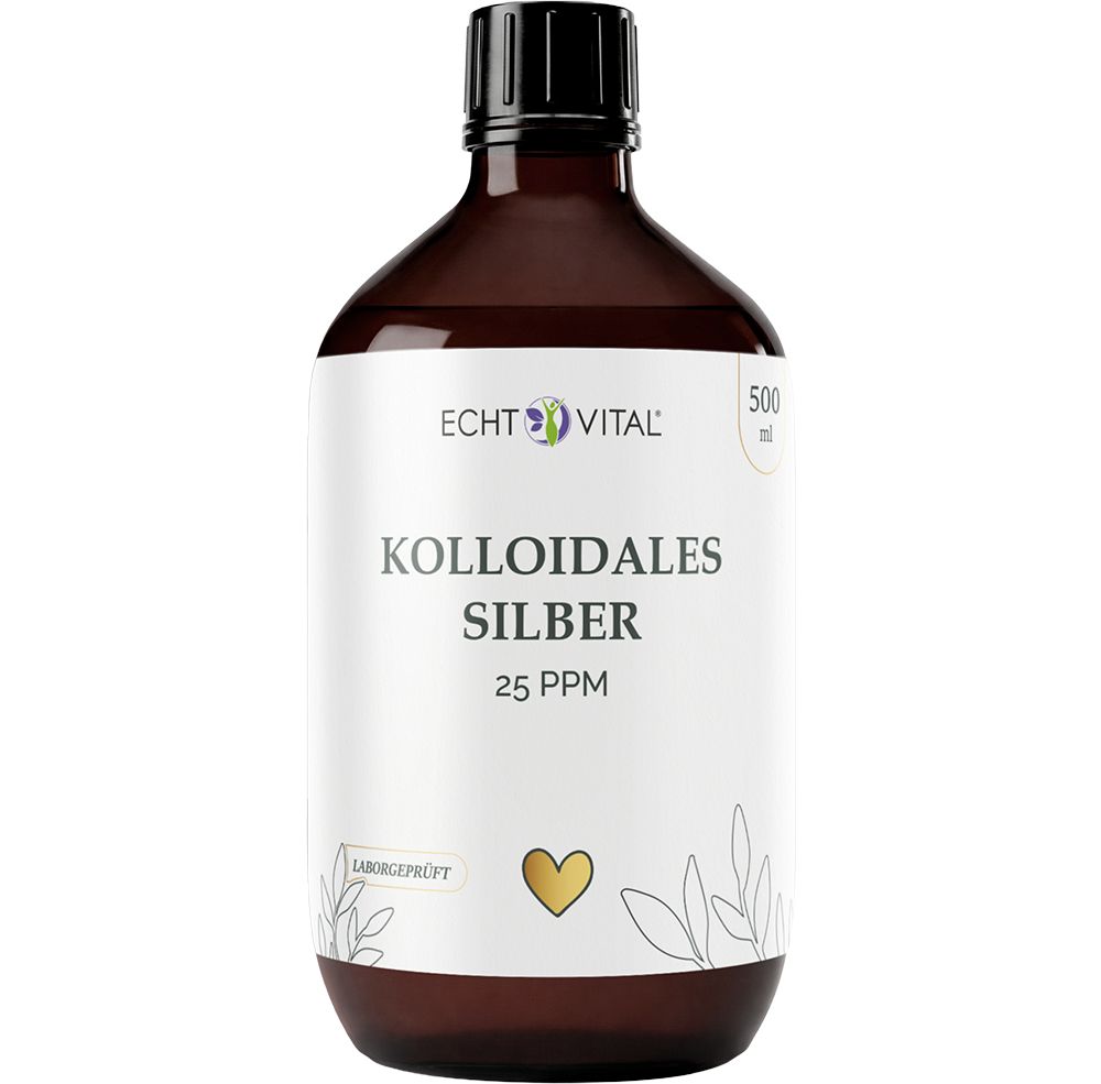 Braune Glasflasche mit weißem Etikett: Echt Vital Kolloidales Silber 25 PPM, 500 ml. Laborgeprüft mit Herzsymbol.