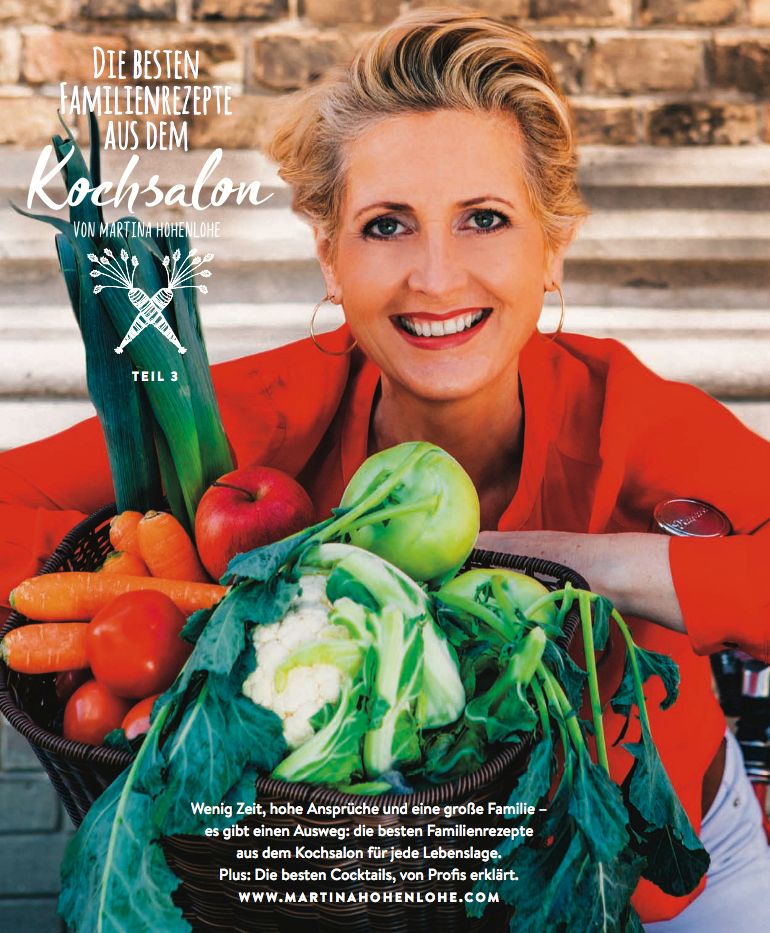 Buchcover: "Die besten Familienrezepte aus dem Kochsalon". Autorin Martina Hohenlohe. Teil 3. Frau mit Gemüsekorb.