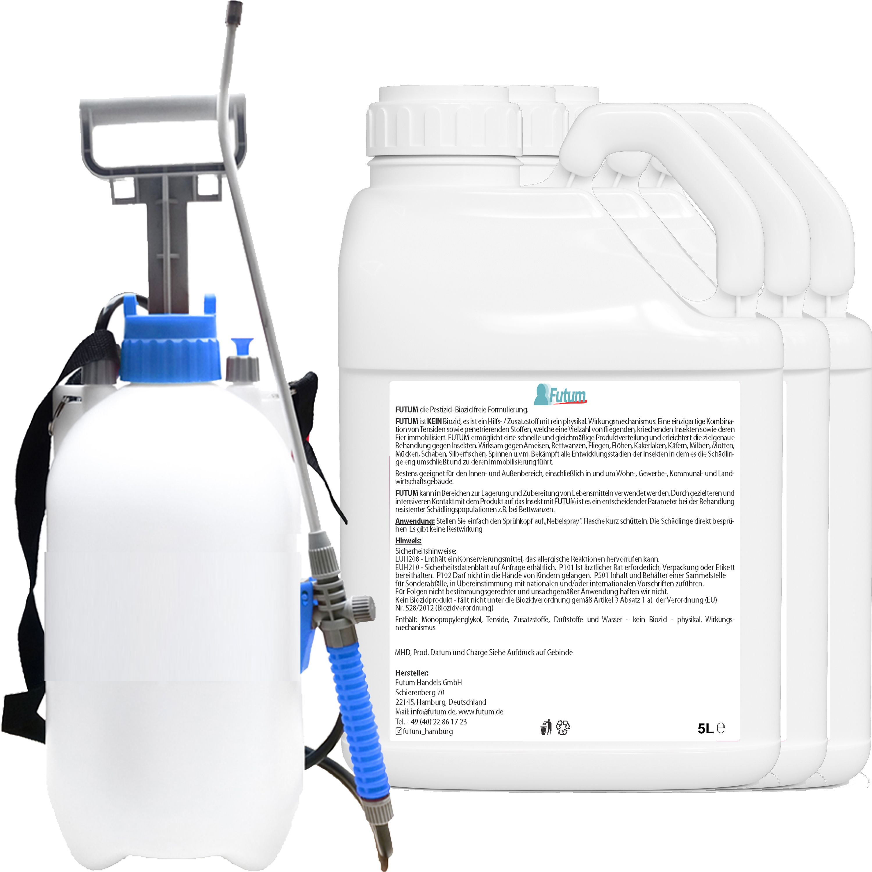Ein Sprüher mit blauem Detail und drei weißen Kanistern mit Griffen. Aufschrift: Futum 5L Ameisen-/Termitenspray. Text auf Deutsch.