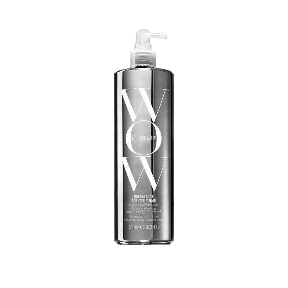 Silberne Flasche mit Sprühkopf. Großes weißes "WOW"-Logo. Text: Dream Coat for Curly Hair. 500ml.