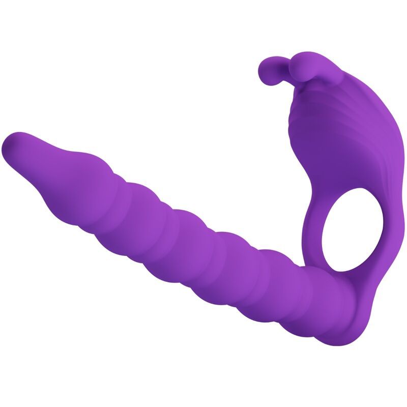 Lila Penisring mit Vibrator-Plug. Ringförmige Basis, geriffelte Oberfläche. Zwei kleine Vorsprünge am Ring.
