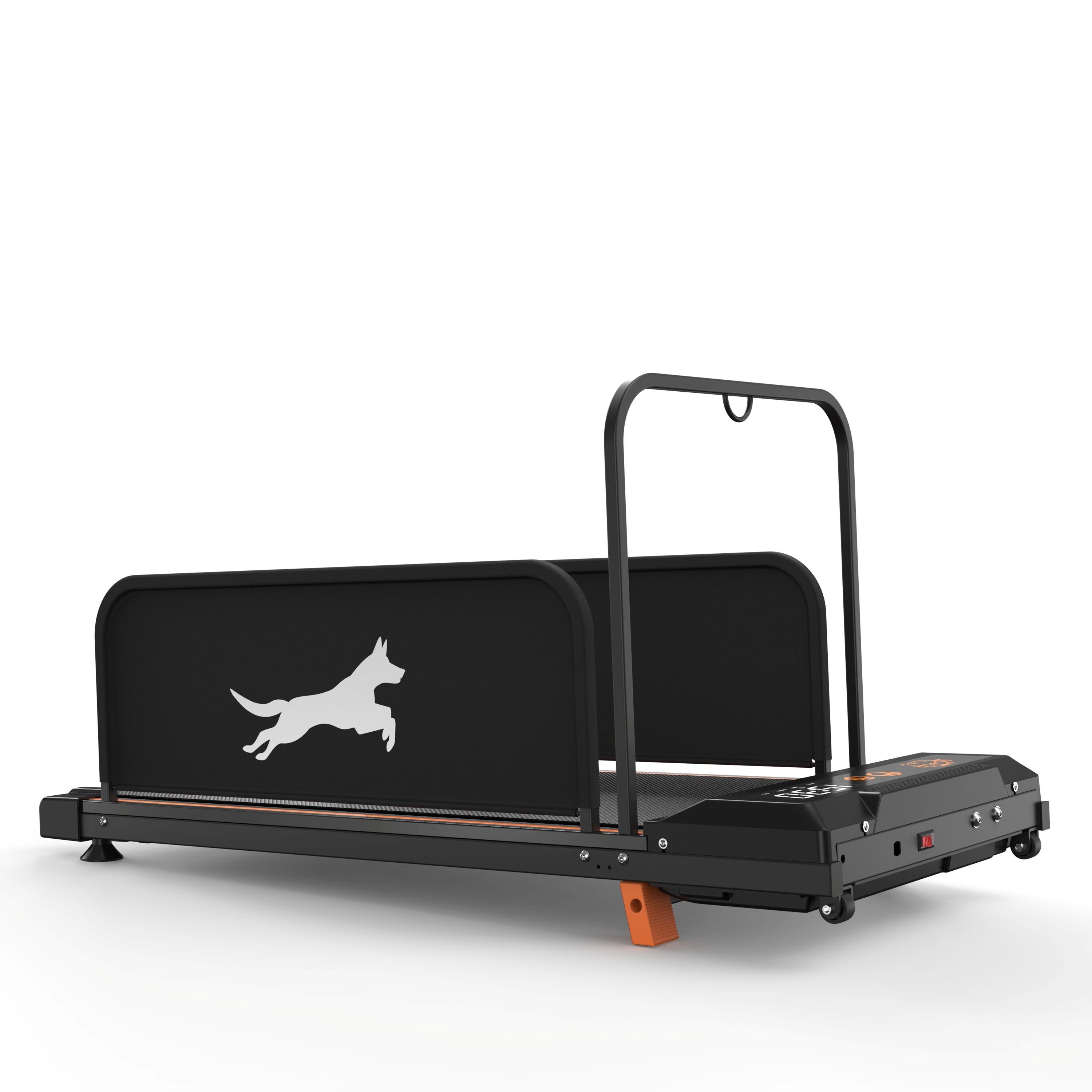 Schwarzes Laufband für Hunde mit seitlichen Schutzwänden und Haltegriff. Digitalanzeige.