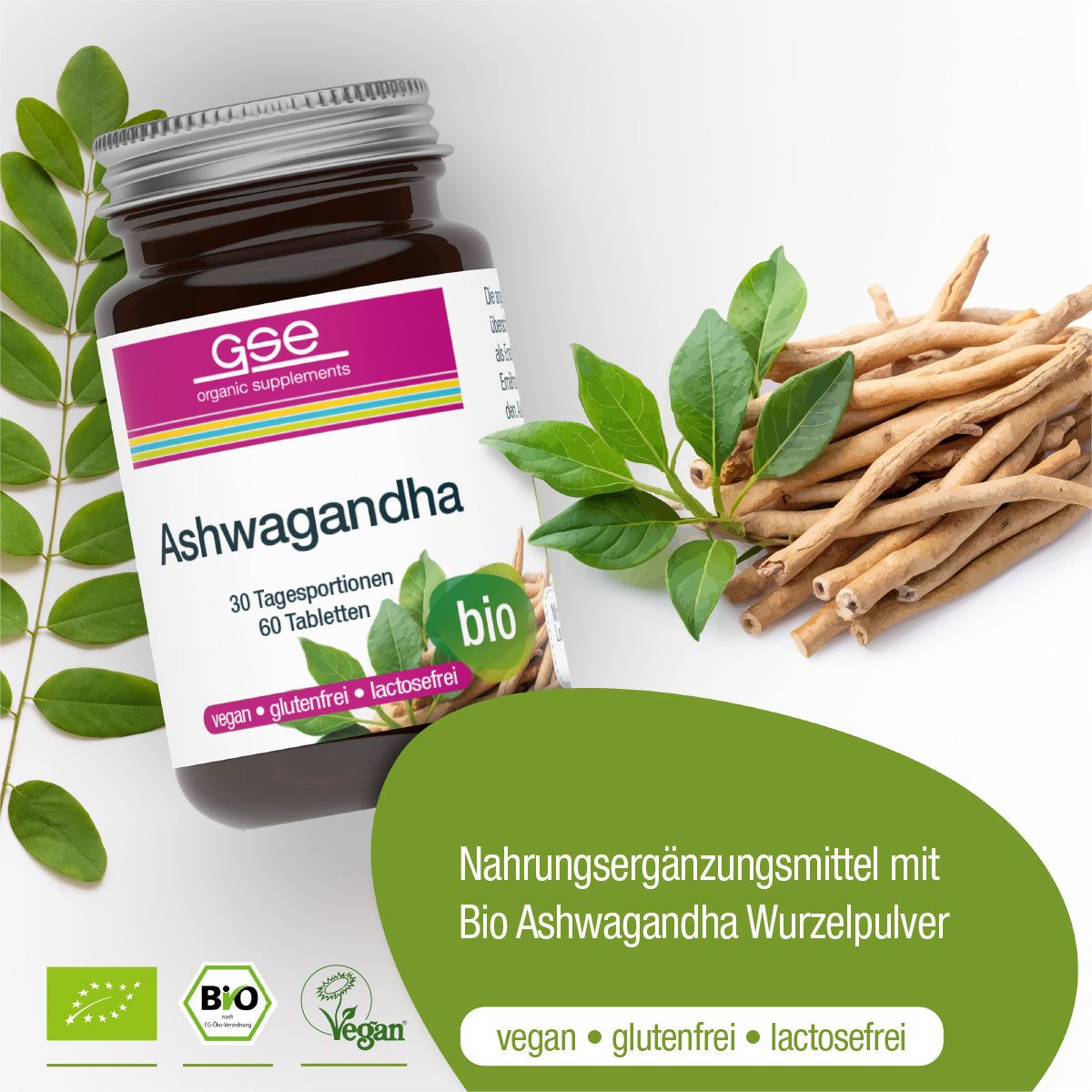 Braune Glasflasche mit Produktetikett und Ashwagandha-Wurzeln. Aufschrift: Ashwagandha, 30 Tagesportionen, 60 Tabletten. Bio-Siegel.