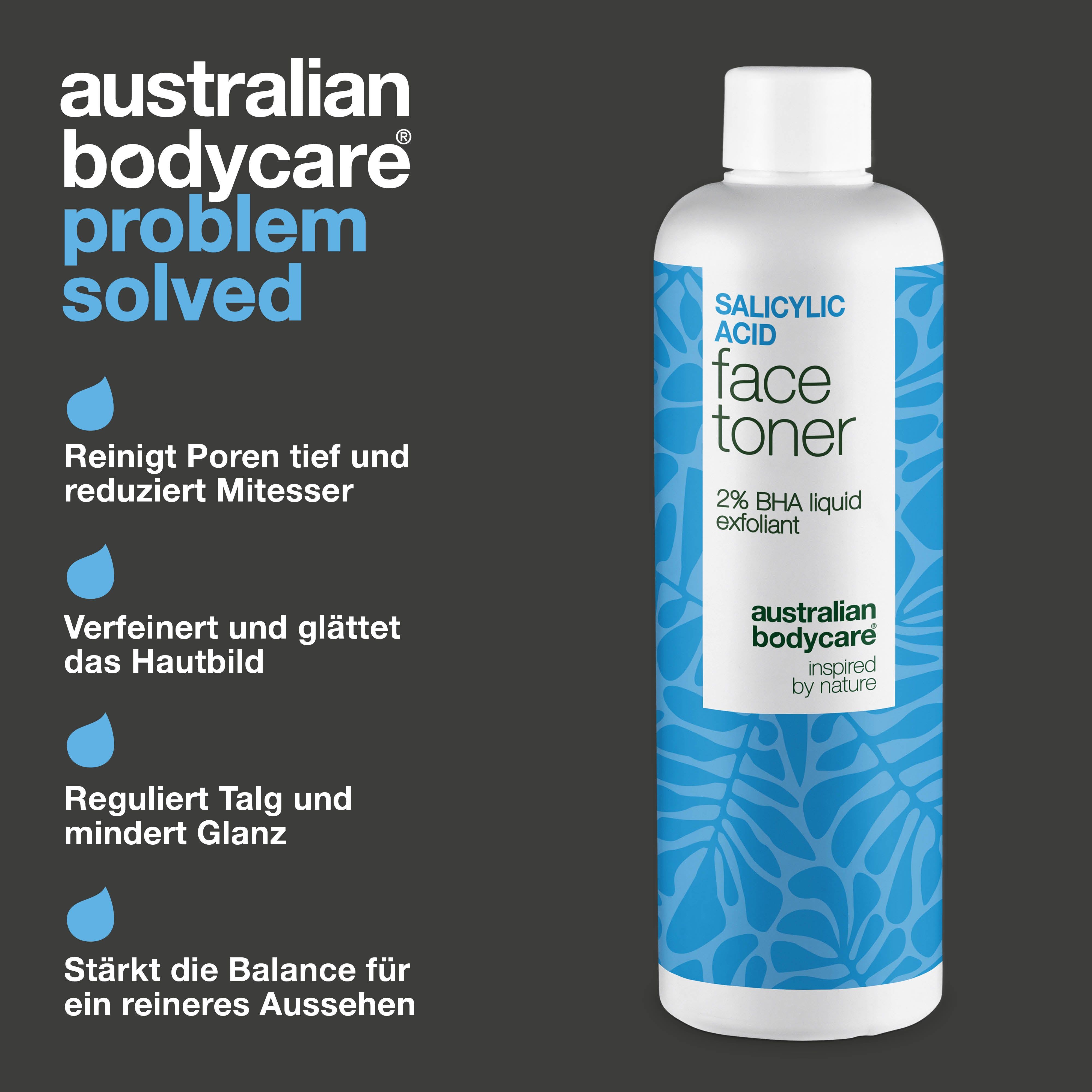 Flasche: Salicylsäure Face Toner, 2% BHA liquid exfoliant. Marke: Australian Bodycare. Text: Problem gelöst. Reinigt Poren.