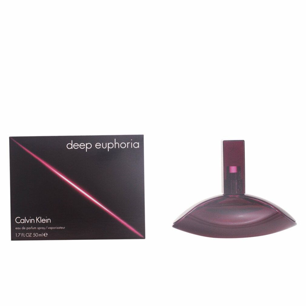 Dunkelrotes Parfümflakon und Verpackung. Flakon mit Sprühkopf. Verpackung mit Schriftzug "deep euphoria" und "Calvin Klein".
