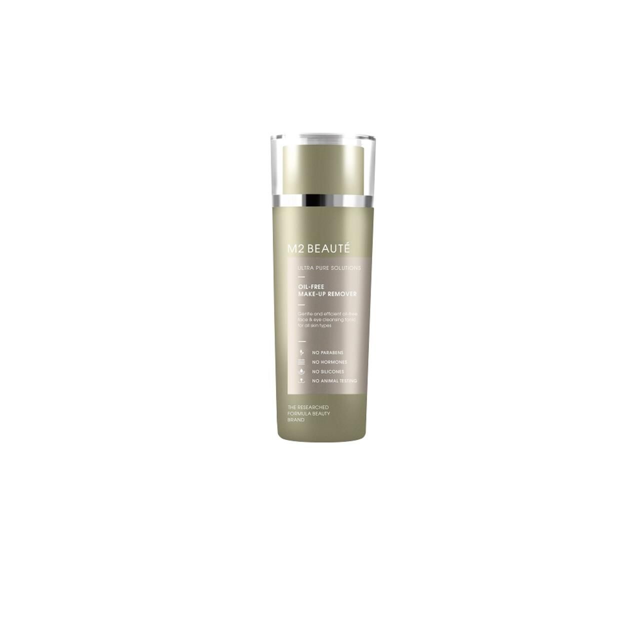 Zylindrische Flasche mit M2 Beauté-Etikett. Text: Ultra Pure Solutions Oil-Free Make-Up Remover. Farbgebung: Grün, Silber und Weiß.